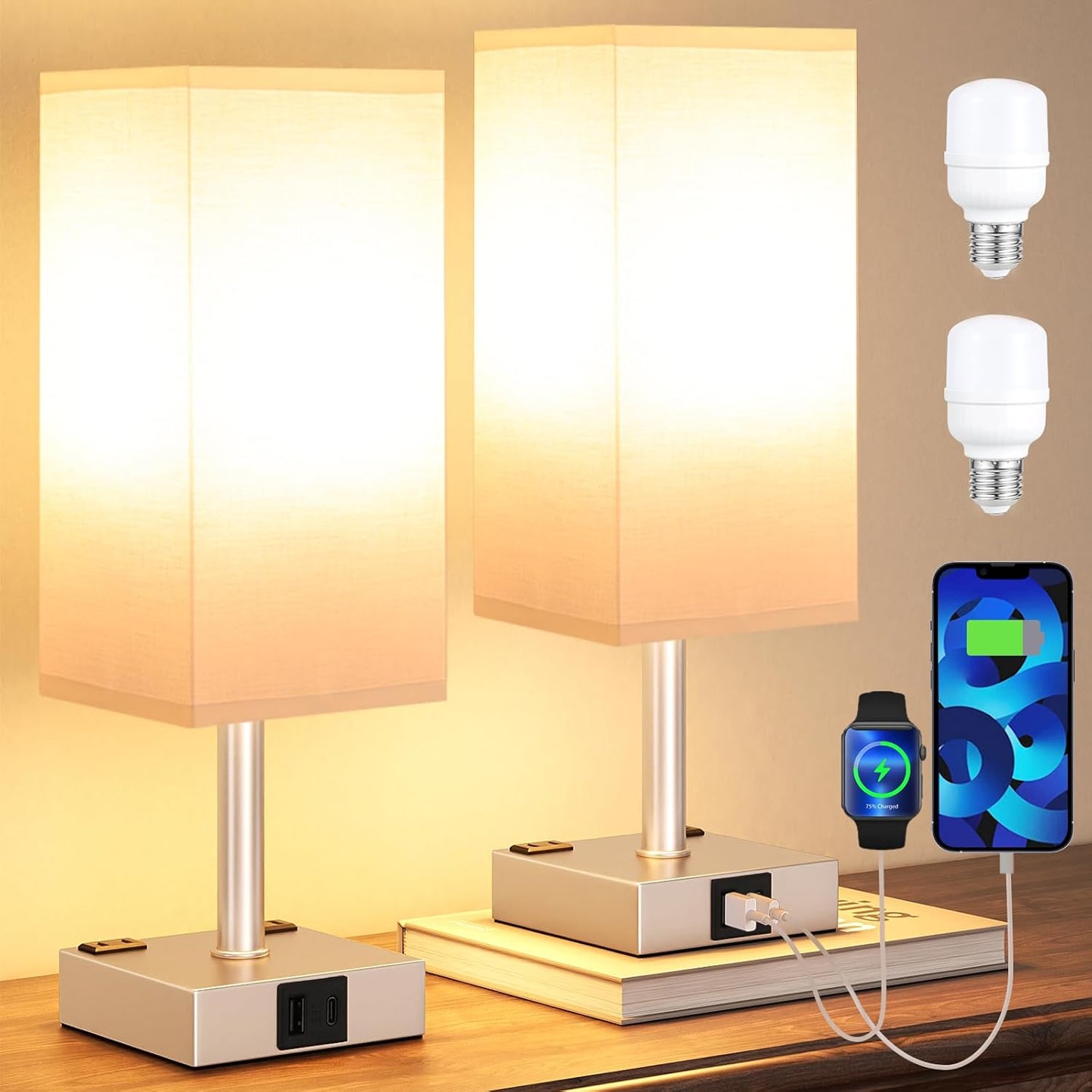 Light Gold Touch Lamps Set of 2 - Nightstand Lamp with USB-C + A Charge Ports & AC Outlets, 3-Way Dimmable Bedside Lamp, Small Table Lamp Light for Bedroom (Bulb Included)