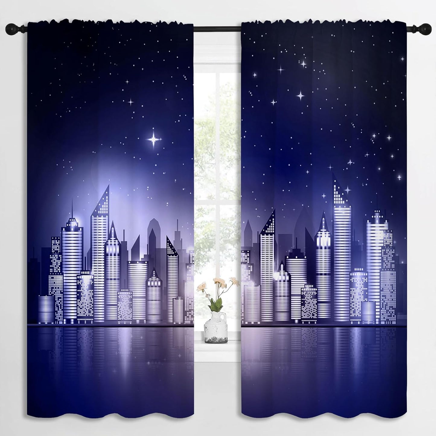 City Rod Pocket Blackout Curtains for Boy Girl Bedroom, New York Skyline Modern City Starry Sky Night View Home Energy Efficient Light Filtering Window Curtain for Living Room, 84x63 inch