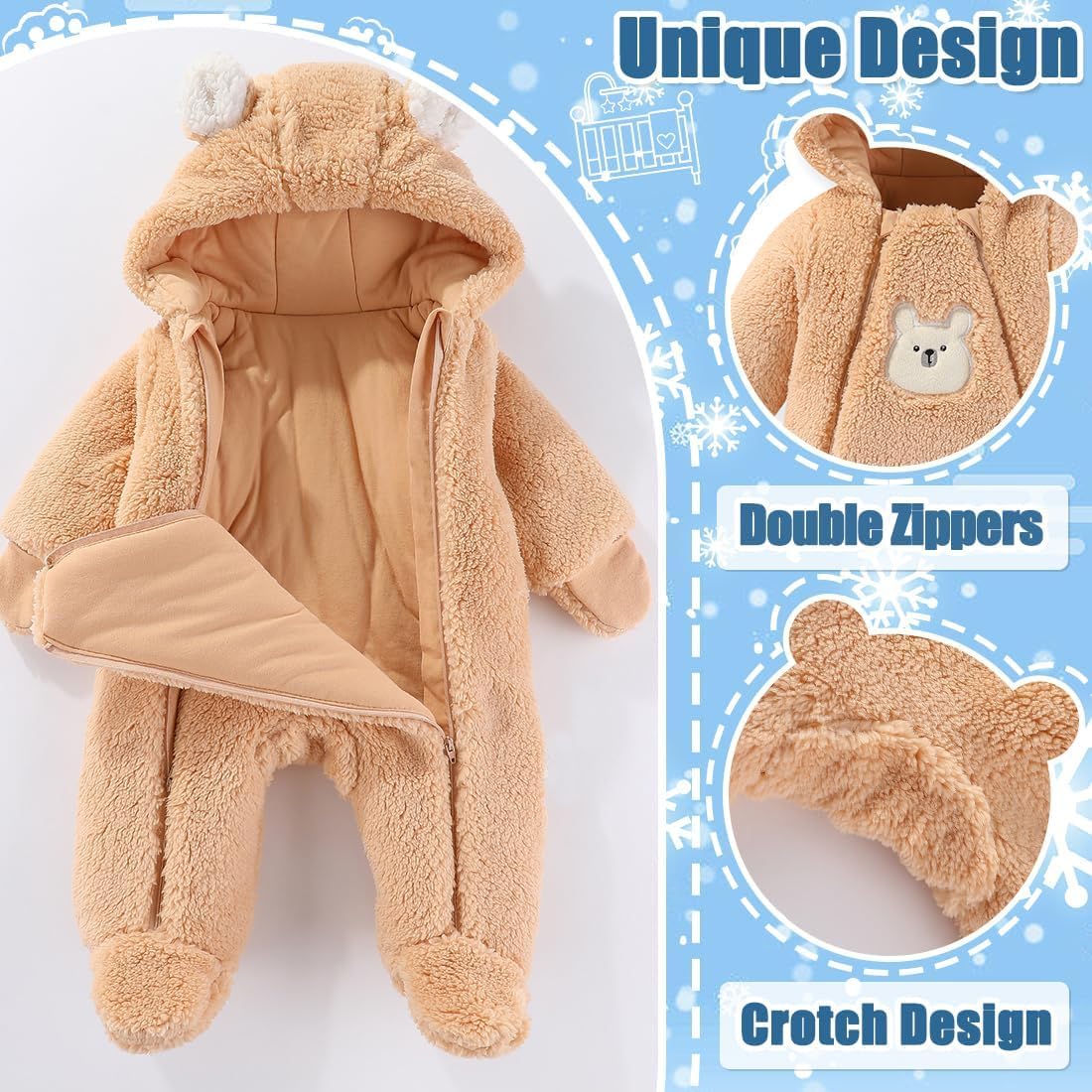 Fairy Baby Newborn Baby Winter Snowsuit Bear Thick Romper Footie Double Zip Hooded Jumpsuit Fleece Coat Infant Boy Girl 0-12M