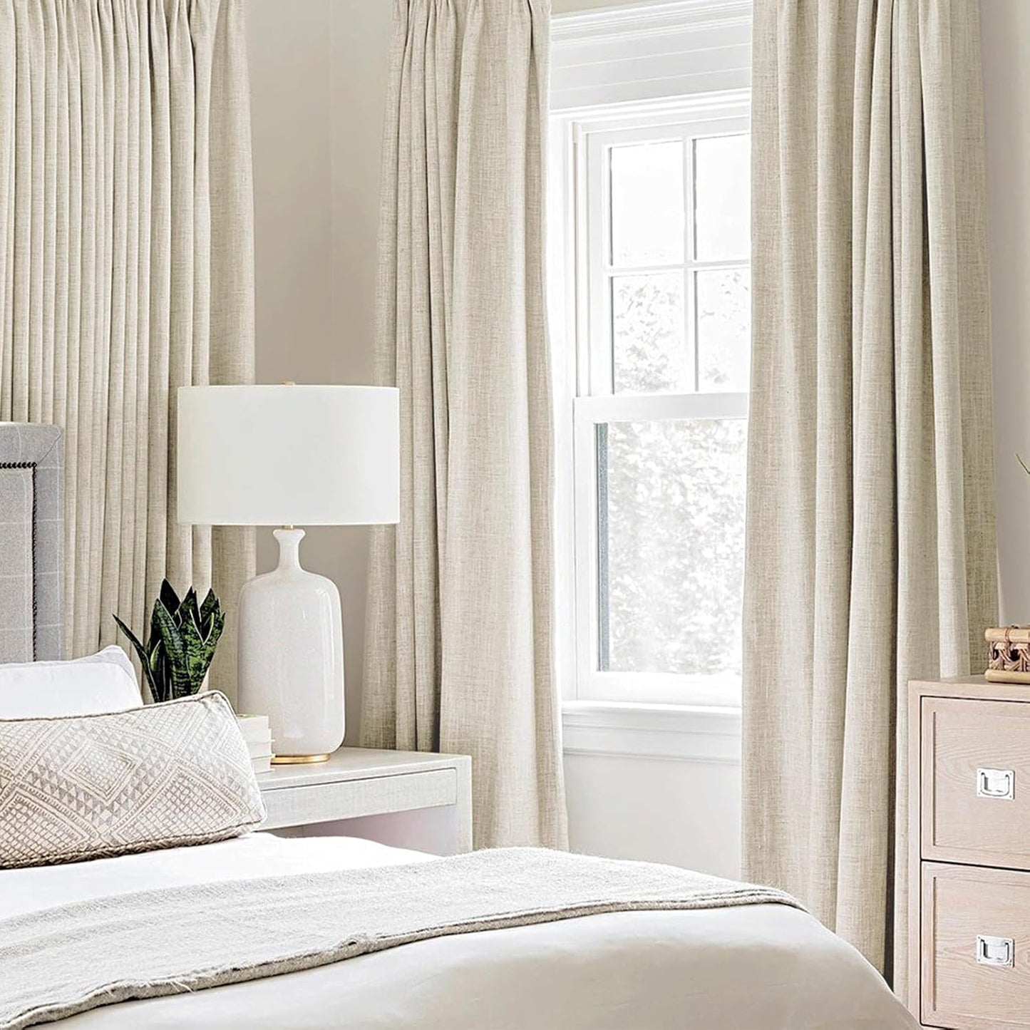 MIULEE 100% Blackout Linen Textured Curtains for Bedroom Solid Thermal Insulated Cream Grommet Room Darkening Curtains & Drapes Luxury Decor for Living Room Nursery 52 x 84 Inch (2 Panels)