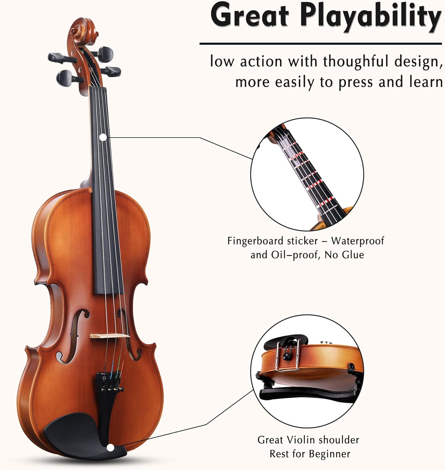 ADM 4/4 Full Size Wood Violin Set for Kids Teens Students Adults Beginner Acoustic Violin Matte Fiddle Starter Kit with Hard Case, Rosin, Shoulder Rest, Bow, Clip-on Tuner and Fingerboard Sticker
