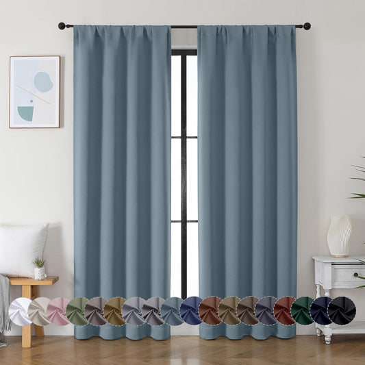 Simplebrand Ava Stone Blue Blackout Curtains for Bedroom 72 Inch Length 2 Panels, Privacy Thermal Insulated Rod Pocket Door Window Curtains for Patio French Door Front Door, W40 x L72 Inch, Stone Blue
