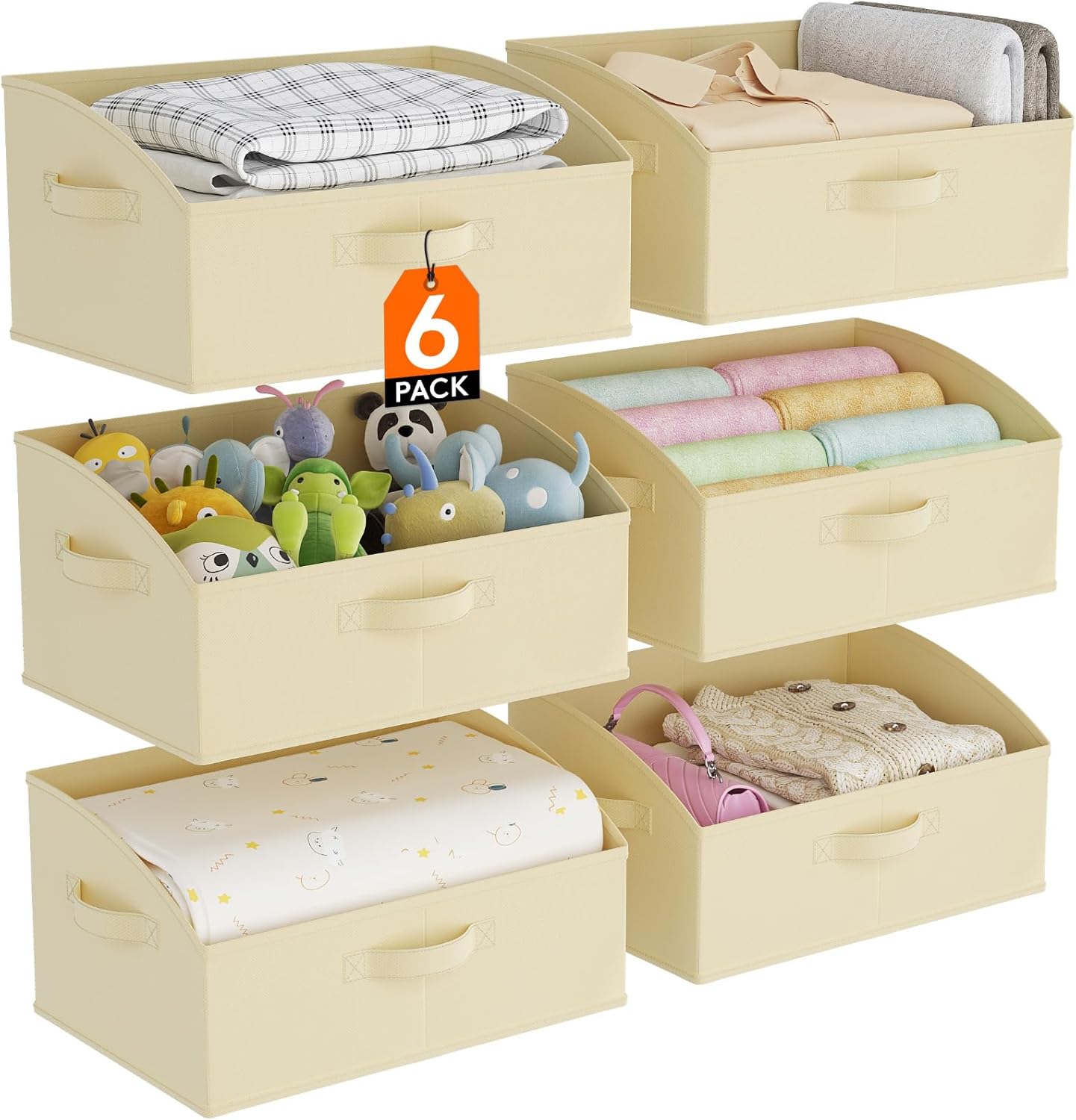 Lifewit Storage Baskets for Shelves, 6 Packs Non-woven Fabric Trapezoid Closet Organizer Bins with Handles, Foldable Clothing Containers Box for Clothes, Toy, Towel, Book, DVD, Hats, Medium-Beige