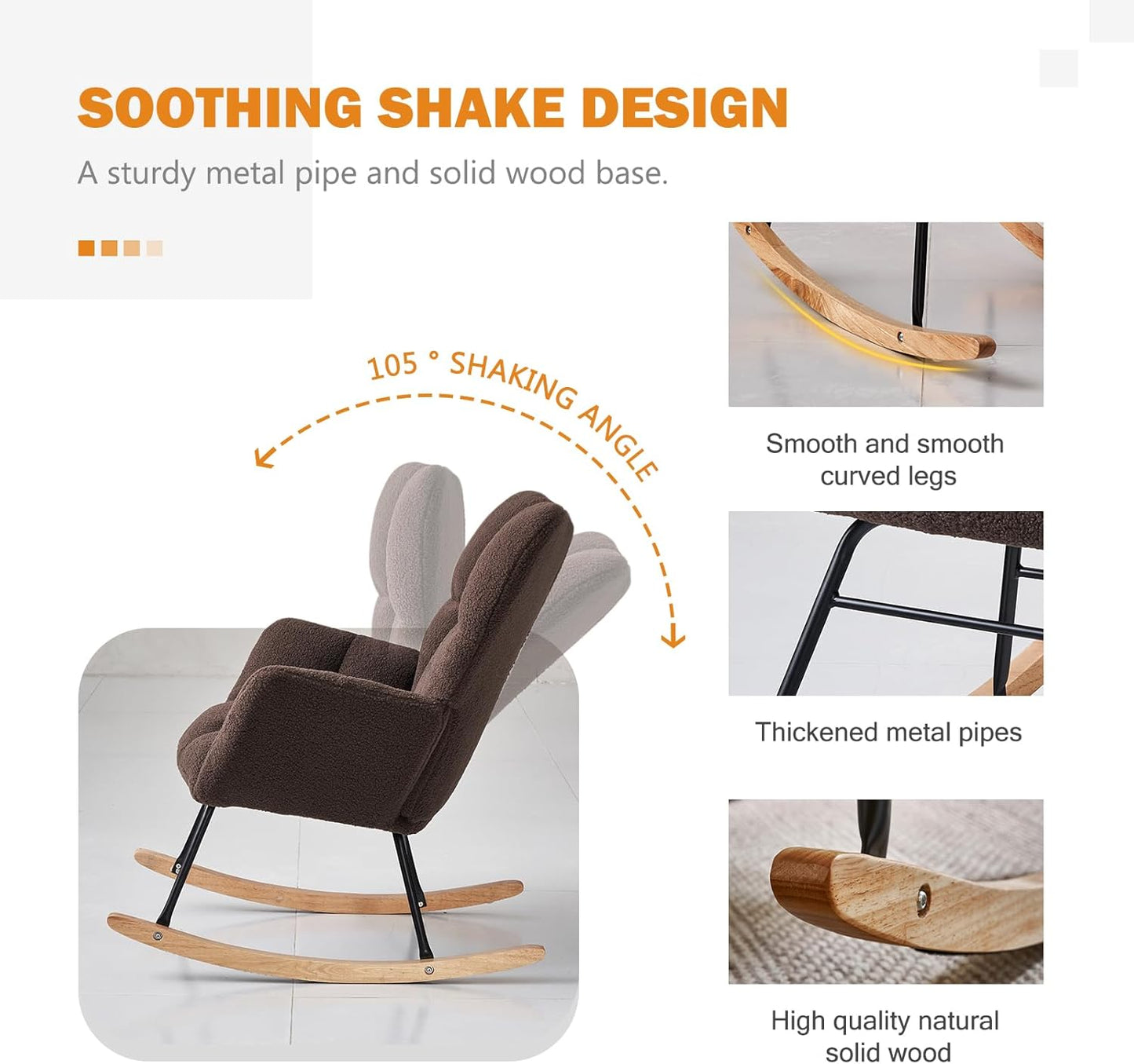 Kiztir Rocking Chair Nursery, High Backrest Teddy Glider Rocker Upholstered Rocker Recliner Modern Rocking Accent Chairs for Bedroom, Living Room, Offices (Brown)