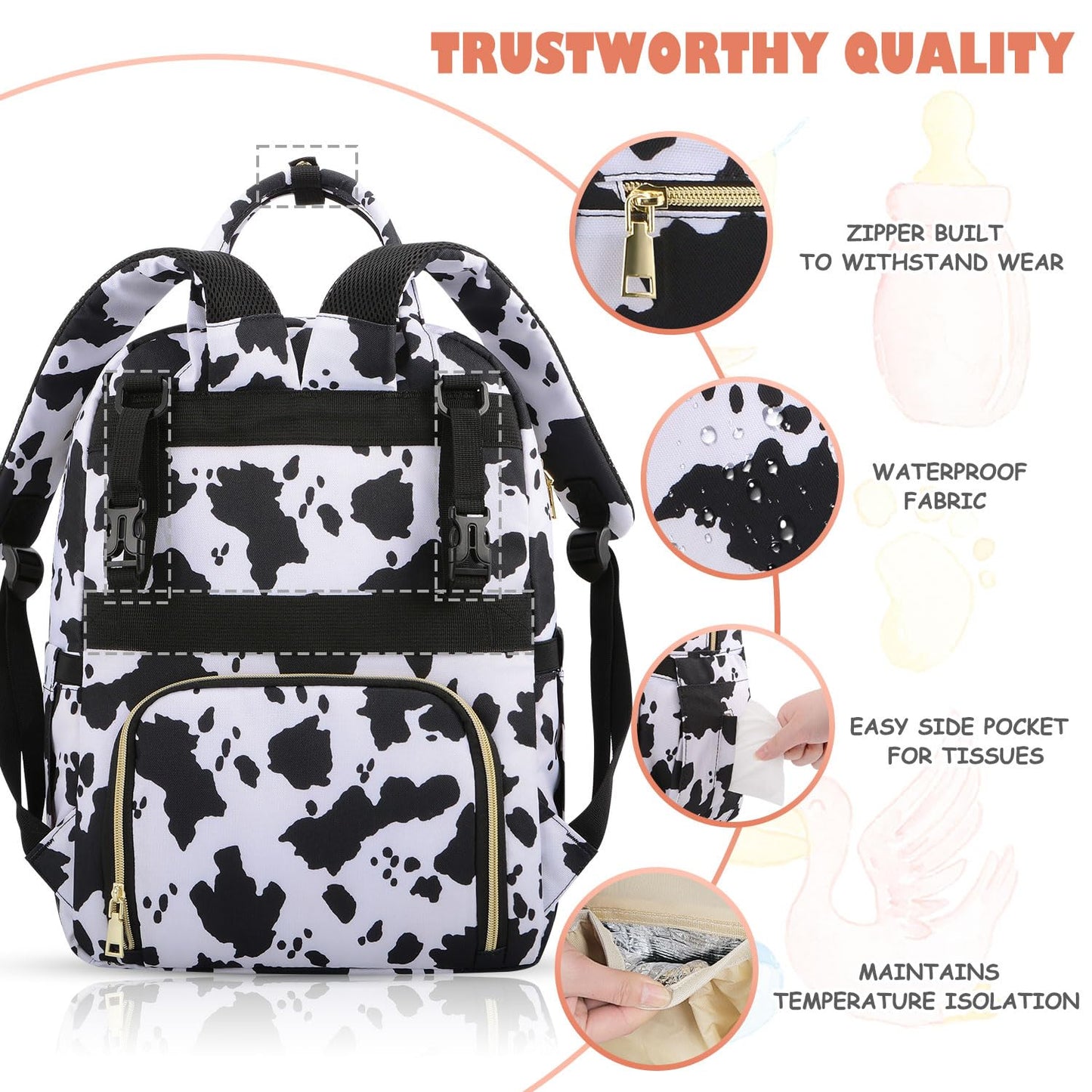 Baby Diaper Bag Backpack, Travel Diaper Bags for Baby Girl Boy Large Capacity Baby Bag Backpack for Women Cow Print