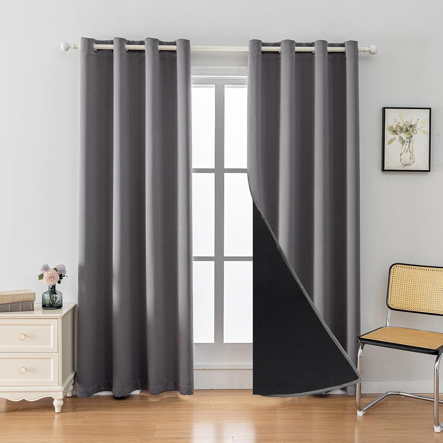 Anytime 100% Blackout Curtain Set, Thermal Insulated & Energy Efficiency Window Draperies for Guest Room, Full Shading Panels for Shift Worker and Light Sleepers（Grey, 2 Panels, 52W x 95L）