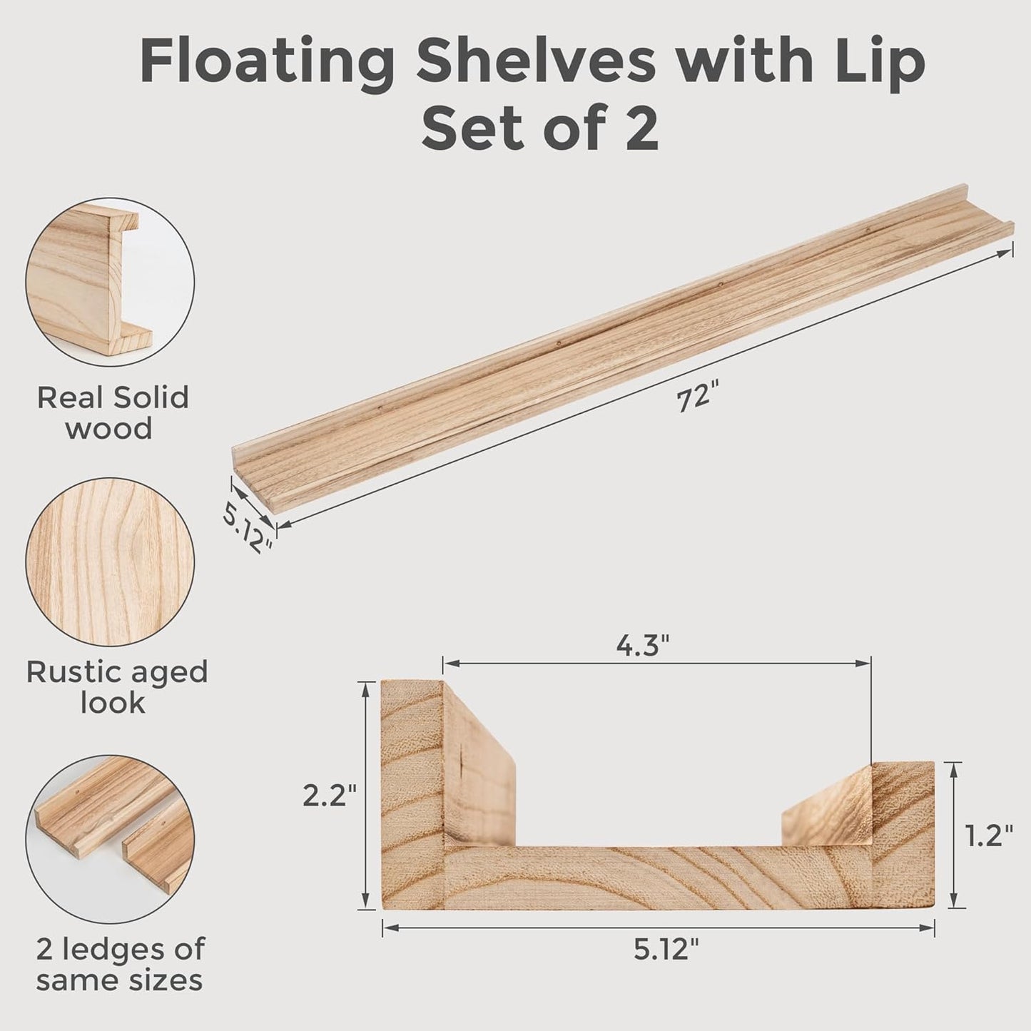 Fun Memories 72 Inch Floating Shelves for Wall with Lip, Natural Wood Long Picture Shelves Photo Shelf with Ledge, Rustic Wall Mounted Long Shelves for Home Decor & Storage, Set of 2