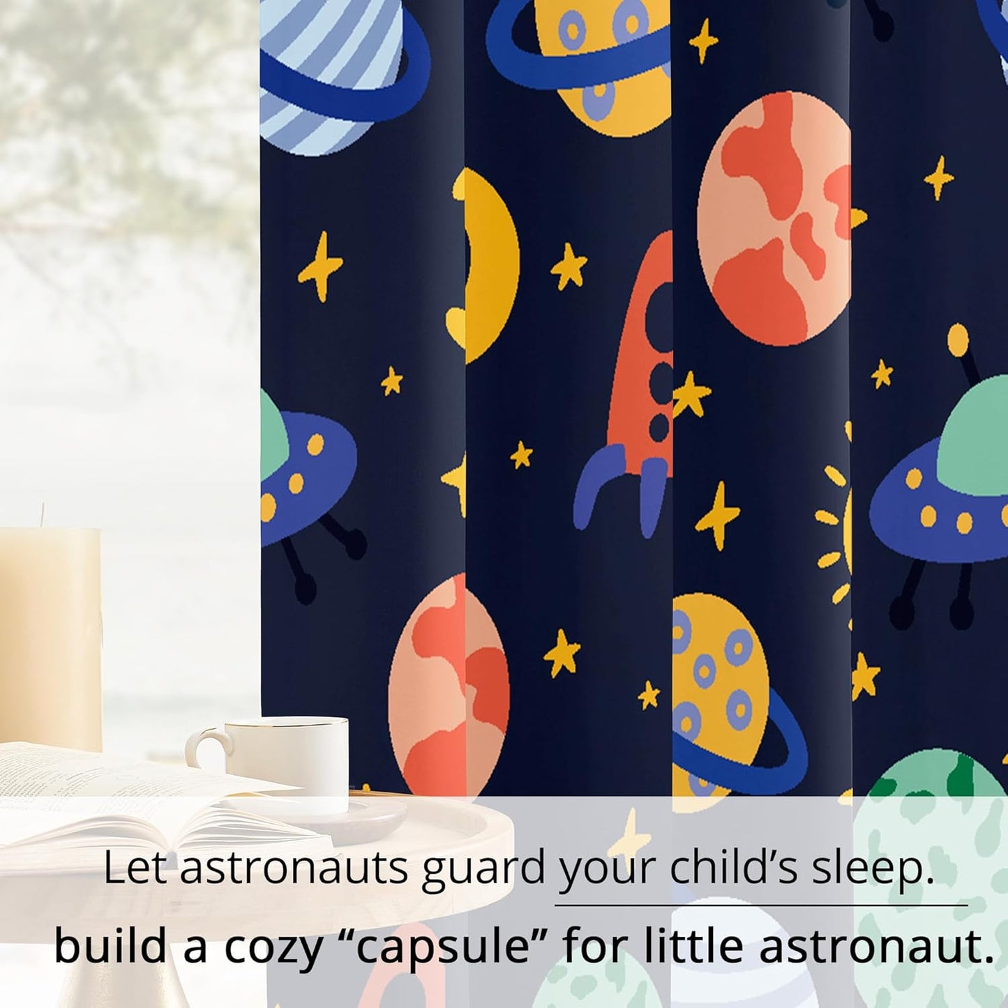 Kids Space Rockets Blackout Curtains - 100% Blackout, Thermal Insulated, Noise Reducing, Perfect for Kids Room and Nursery, 2 Panels (Color Pop Rockets, W52×L84)
