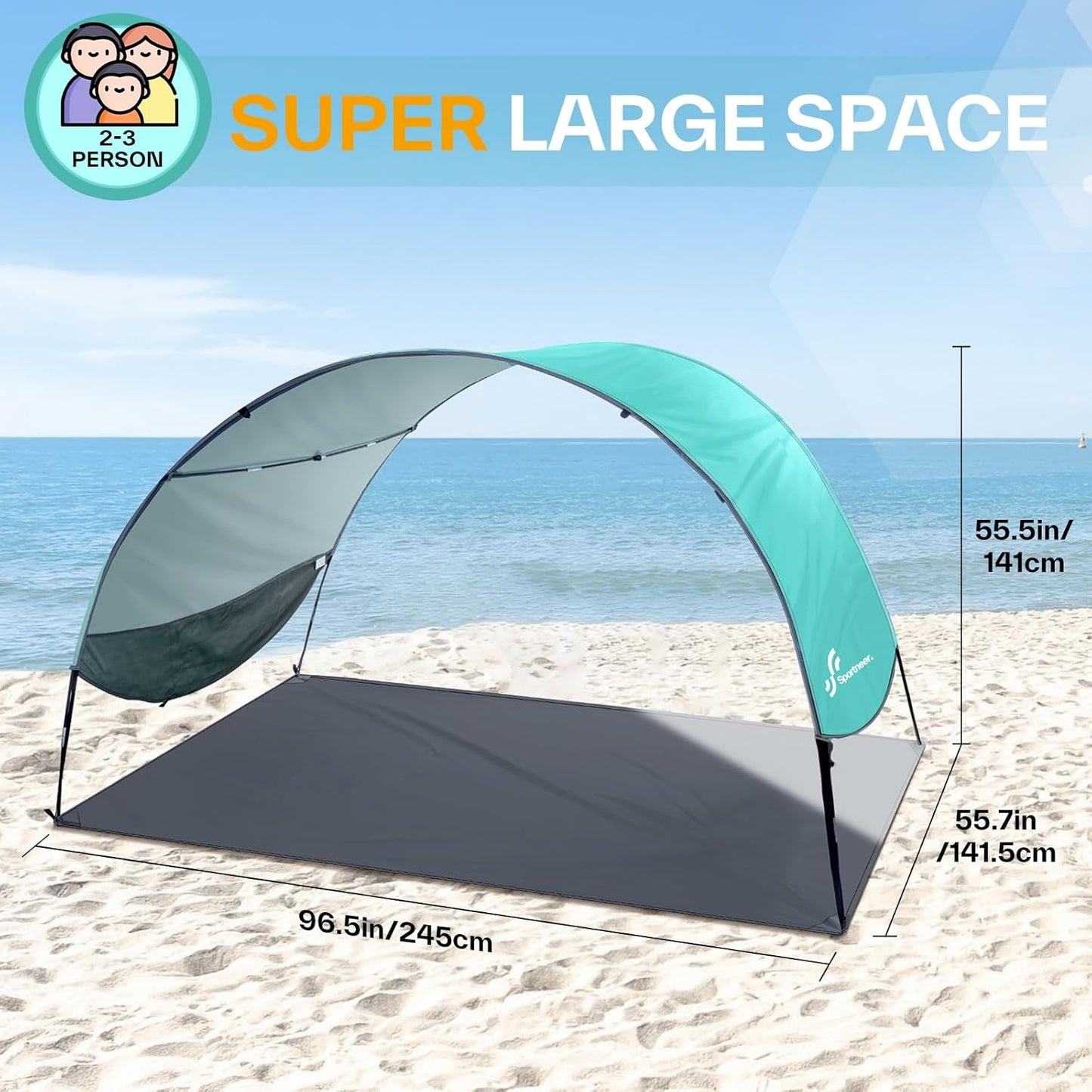 Sportneer Beach Tent Sun Shelter: UPF 50+ UV Protection Beach Canopy Tent Sun Shade for 2-3 Person, Easy Set Up Canopy with 8 Wind Ropes and 12 Ground Stakes for Beach, Size 96.5''x55.7''