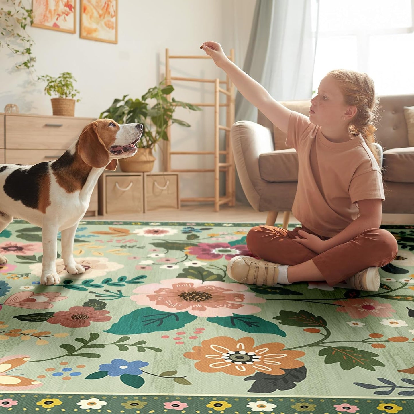 Floral 3x5 Area Rug Machine Washable Soft Print Boho Carpet Non Slip Doormat Low Pile Flower Area Rugs for Living Room Bedroom Nursery Kitchen Dining Room Indoor-Light Green