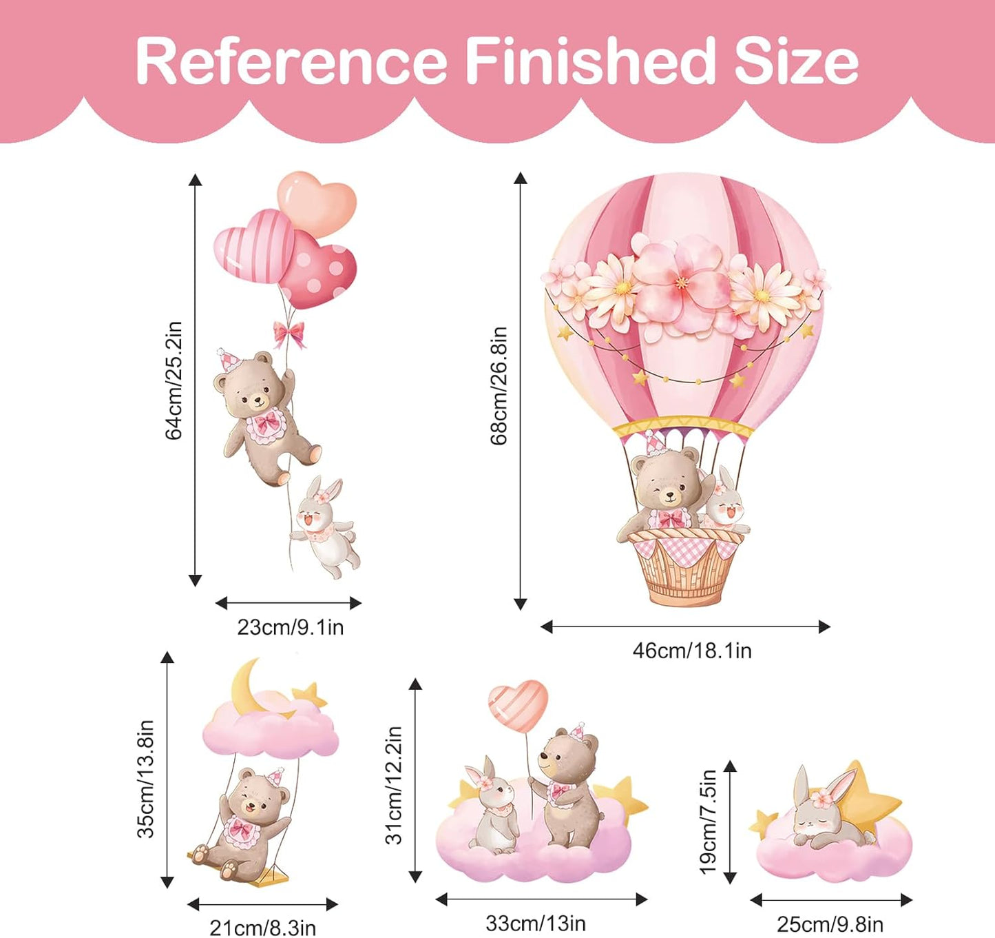 Tanlaby Pink Hot Air Balloon Wall Stickers Cartoon Bear Rabbit Stars Heart Wall Decals Peel and Stick Art Decor for Girls Bedroom Baby Nursery Kids Playroom Classroom