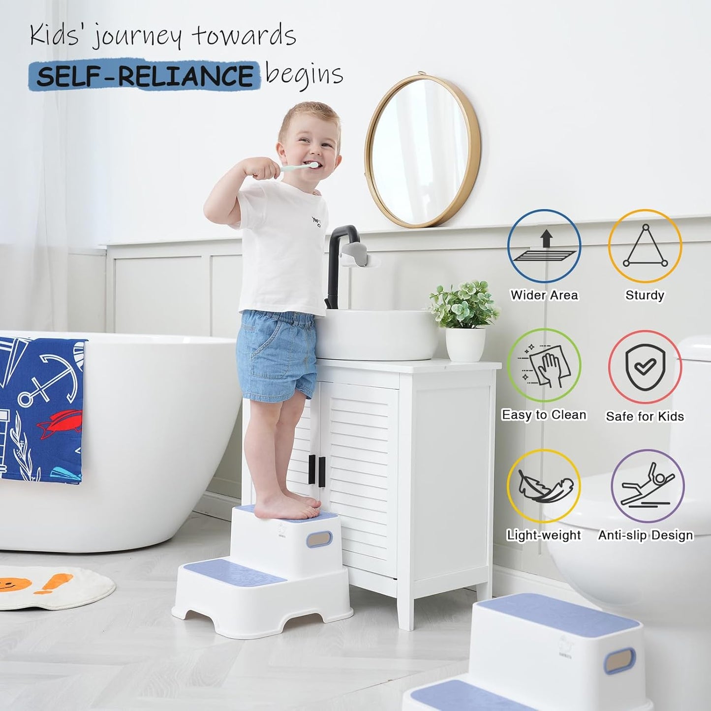 Blue Toddler Step Stool for Bathroom Sink, 2 Step Stool for Kids Kitchen Sink, Heavy Duty Stepping Stool for Toddlers Toilet Potty Training (2 Pack, White-Blue)