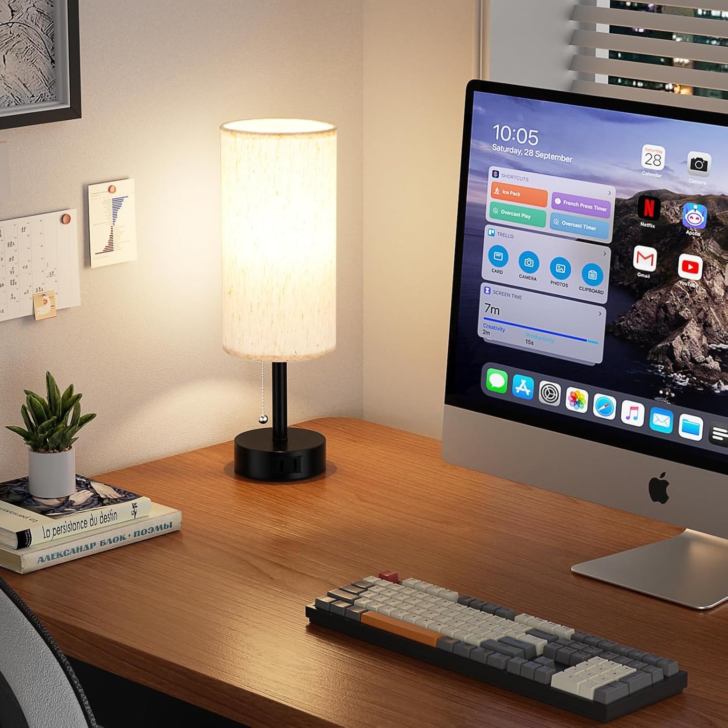 Bedside Table Lamp for Nightstand - 3 Color Temperatures Pull Chain Lamp with AC Outlet Charging Port, Round Night Stand Light for Bedroom Living Room, Small Bed Side Light with E26 LED Bulb