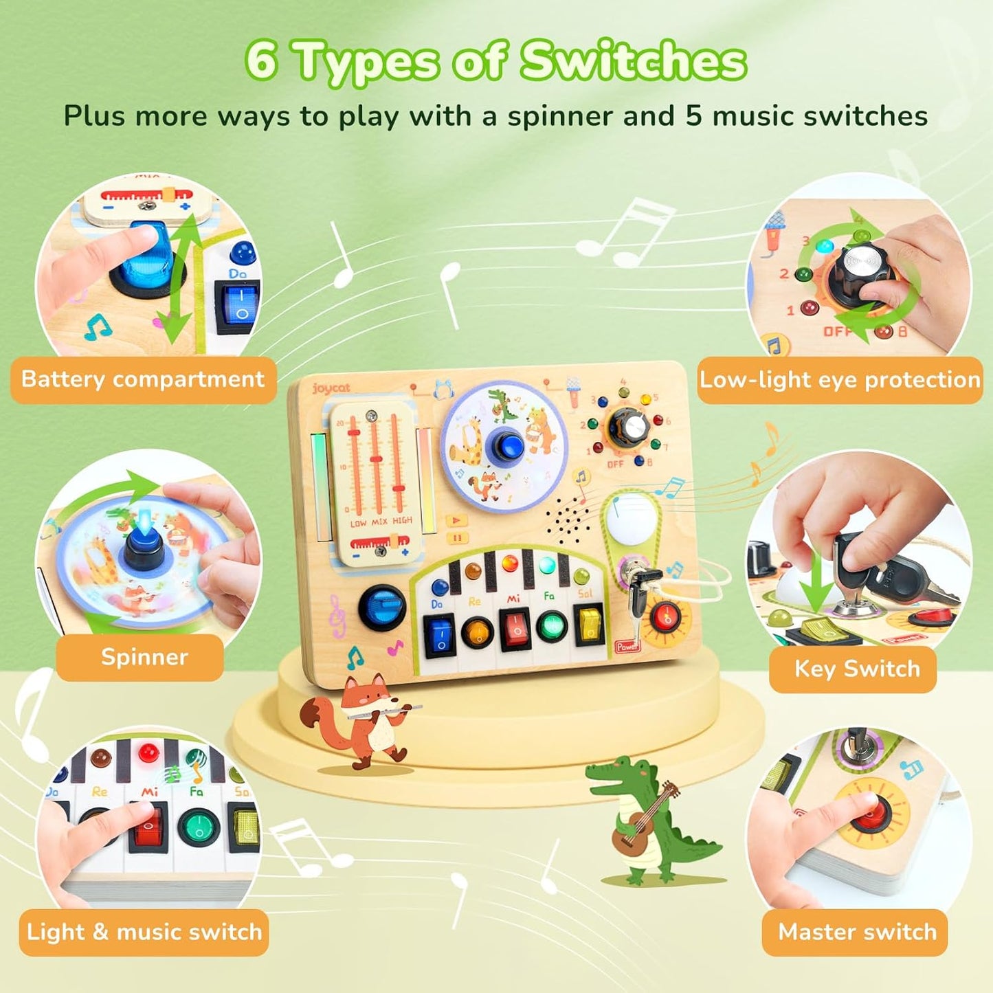 JoyCat Busy Board with Led Light, Toddler Toys for 1 2 3 4 Year Old Boys and Girls, Wooden Sensory Toys with Music, Travel Toy for Toddlers 1-3, Birthday Presents (Yellow)