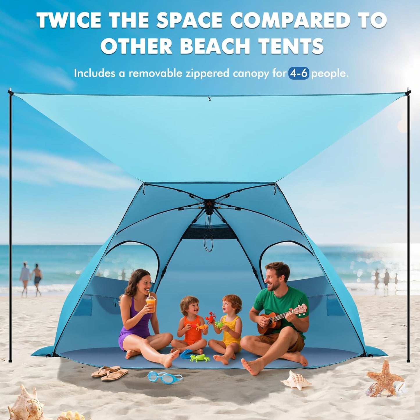 Elegear Beach Tent with Canopy, 1-Second Setup Pop Up Sun Shelter Shade, UPF 50+ UV Protection Silver-Coated Lightweight Portable Beach Cabana