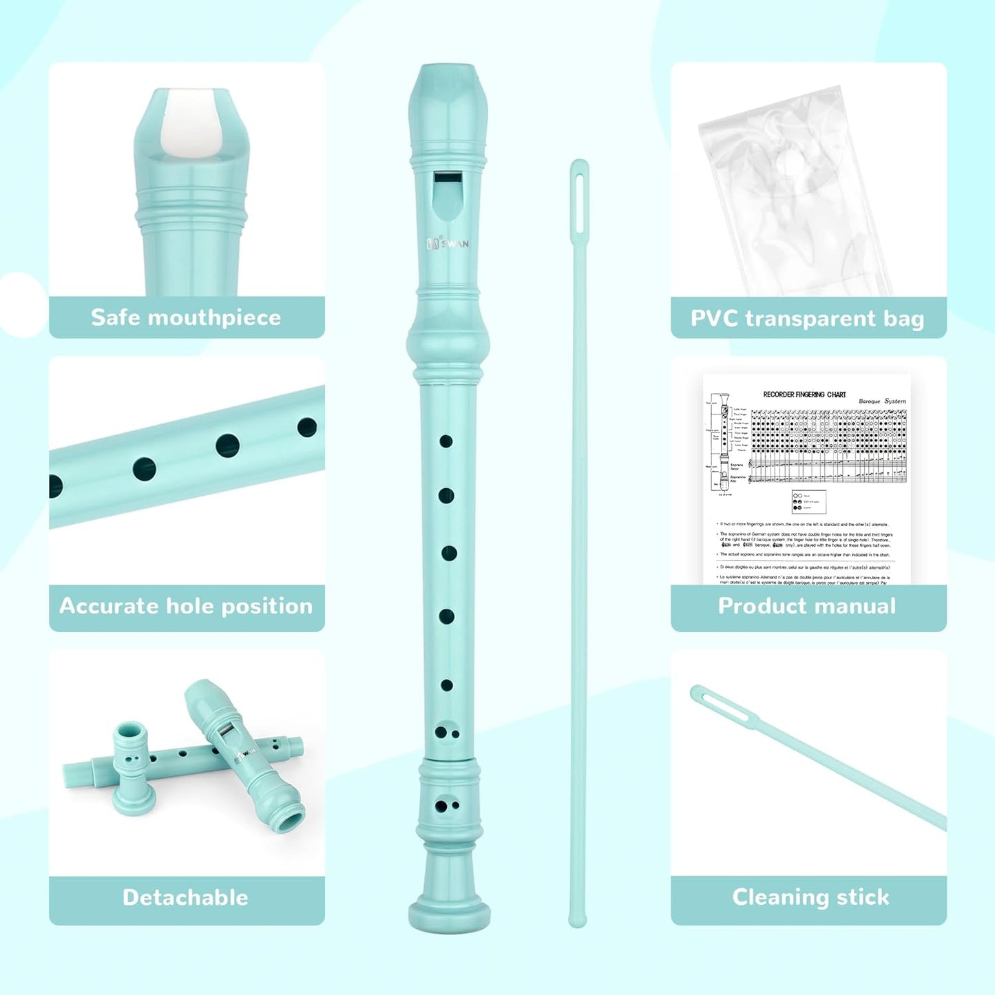 SWAN Soprano Recorder Instrument for Beginners Kids Student - German Fingering 8 Hole Flute Detachable 3pcs ABS Descant Recorders with Cleaning Rod and Fingering Chart, SW8K, Baby Blue