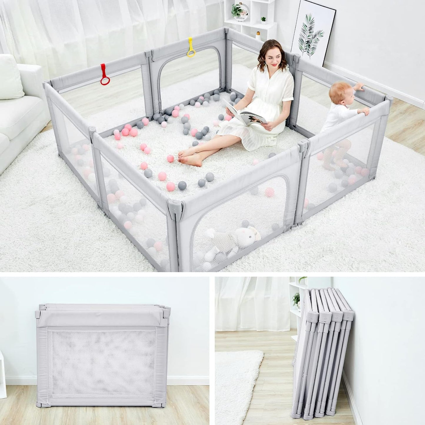 Foldable Baby Playpen, Shape & Size Adjustable Playpen for Toddler, 79x71 Large Play Pens Safety Mesh Foldable Playard for Babies, Portable Baby Fence Play Area Kids Play Pen, Grey