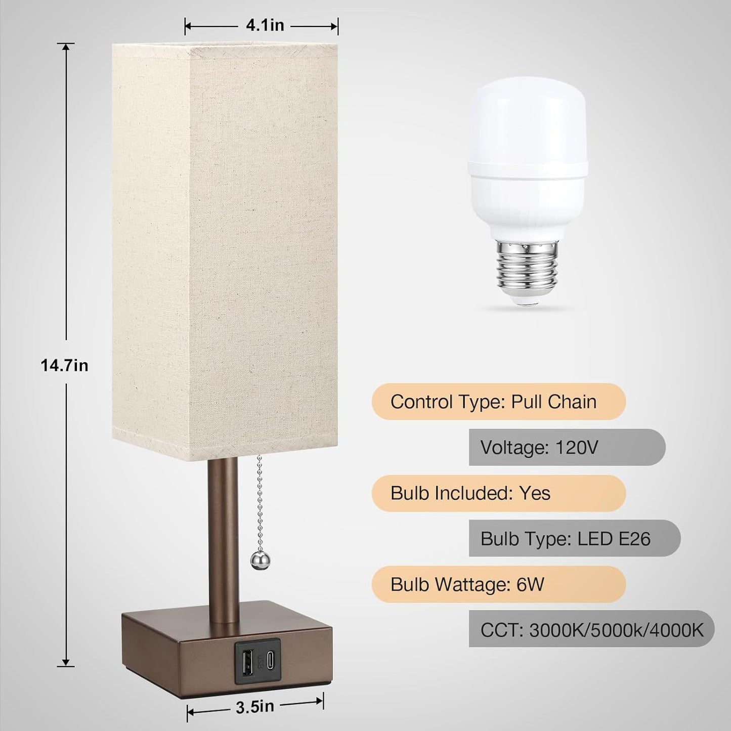 aooshine Beige Small Table Lamp for Bedroom - 3 Color Temperature 3000K 5000K 4000K Bedside Lamp, Pull Chain Control, USB A and C Ports, Brown Base, Bulb Included