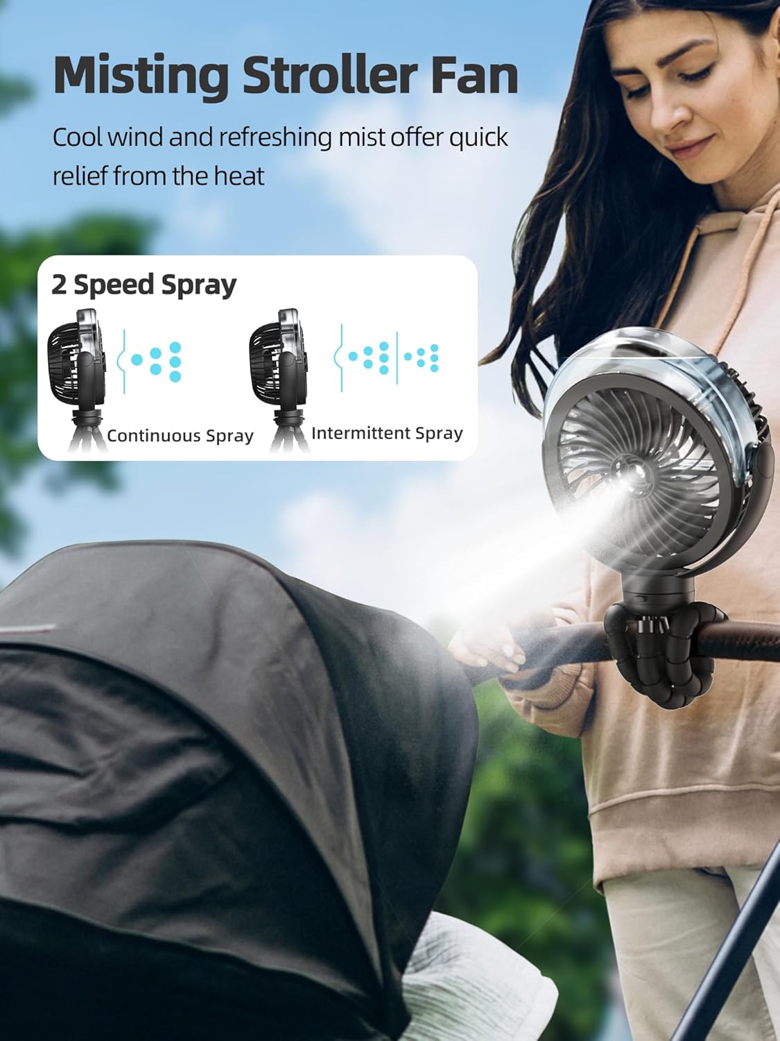 Misting Stroller Fan, 6000mAh Battery Operated Portable Fan with Light & 360° Pivoting, Personal Fans with Flexible Tripod for Baby, Office, Travel,Treadmill,Outdoors