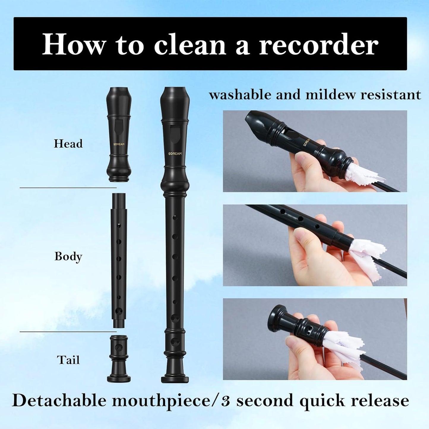 SDREAM Soprano Recorder Instrument for Kids Beginners&Student,8 Hole German Fingering Recorder Flute with Cleaning Rod & Leather Bag (Black)