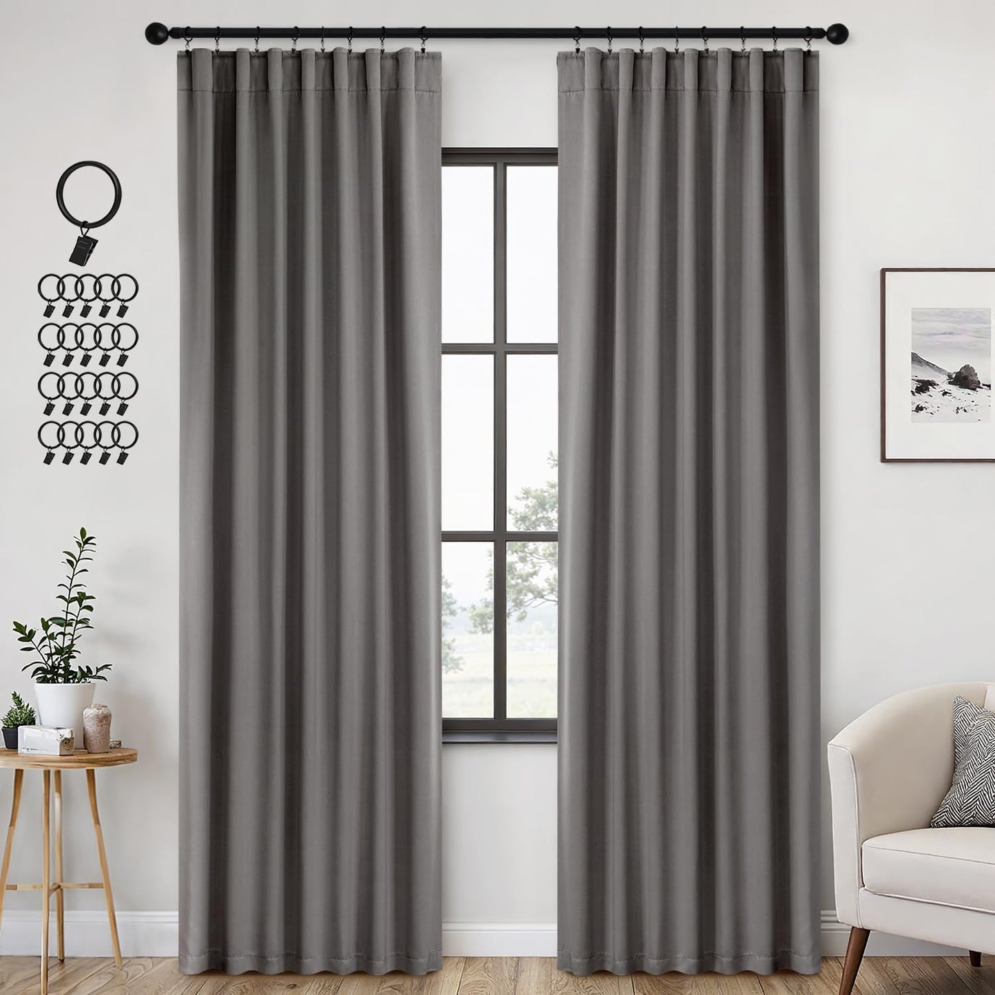 ANRODUO Back Tab Blackout Curtains for Bedroom Living Room, Rod Pocket Pinch Pleated Thermal Insulated Room Darkening Curtains 90 Inches Long 2 Panels, Grey, 42 x 90 Inch