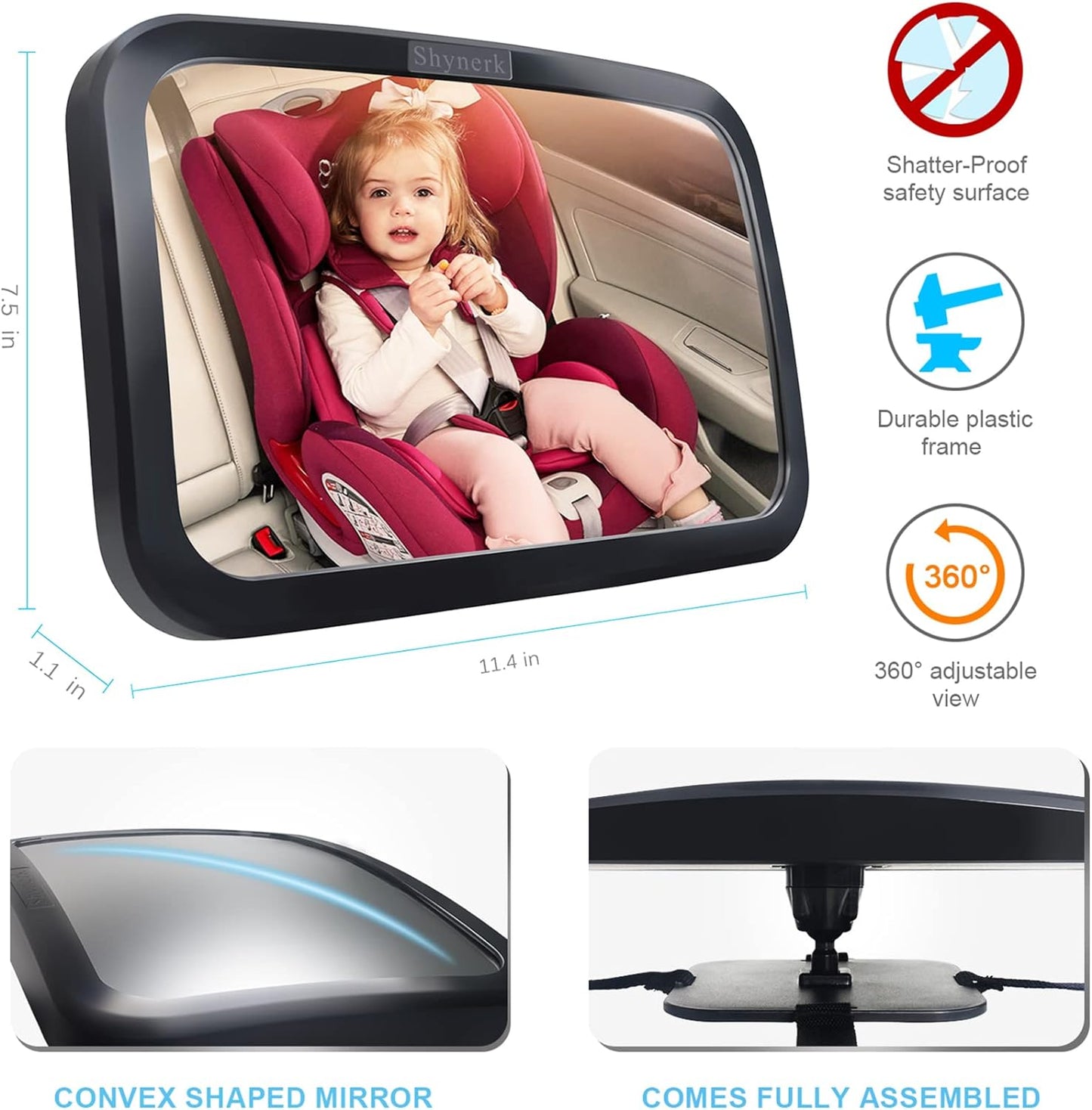 Shynerk Baby Car Mirror, Safety Car Seat Mirror for Rear Facing Infant with Wide Crystal Clear View, Shatterproof, 360° Rotation, Crash Tested and Certified