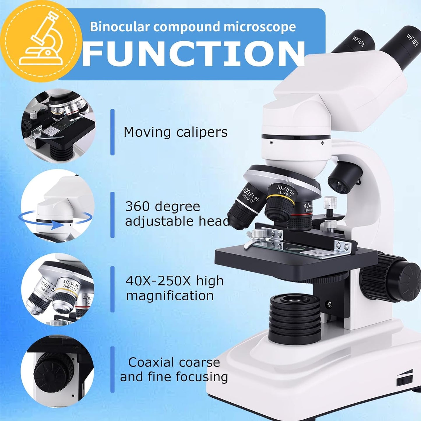 Binocular Microscope Magnification 40X-2500X, WF10x and WF25x Eyepieces, Dual LED Illumination, Suitable for Schools Home Labs Educational Adult Microscope