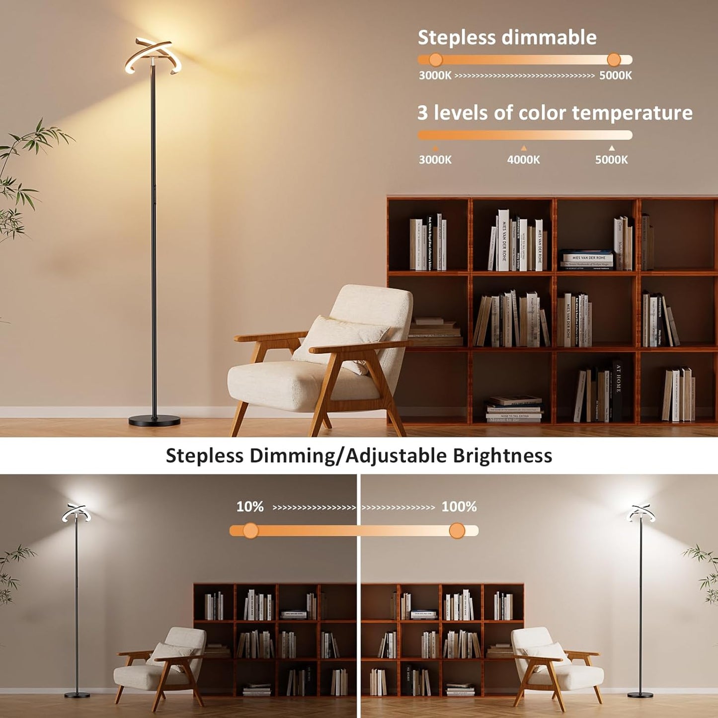 Floor Lamps for Living Room, 40W/2400LM Rotatable LED Floor Lamp with Touch & Remote Control, 70" Tall Standing Lamp Stepless Dimmable, Modern Torchiere Corner Lamp for Bedroom, Office