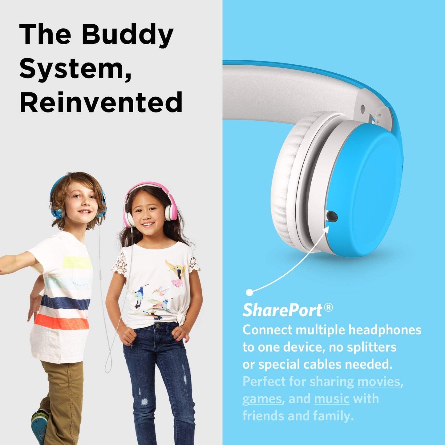 LilGadgets Connect+ Wired Kids Headphones for School with Mic, Volume Limited & Noise Reduction, On-Ear Headset with Cord, SharePort Technology for Multiple Kids & SoftTouch Padding, Blue