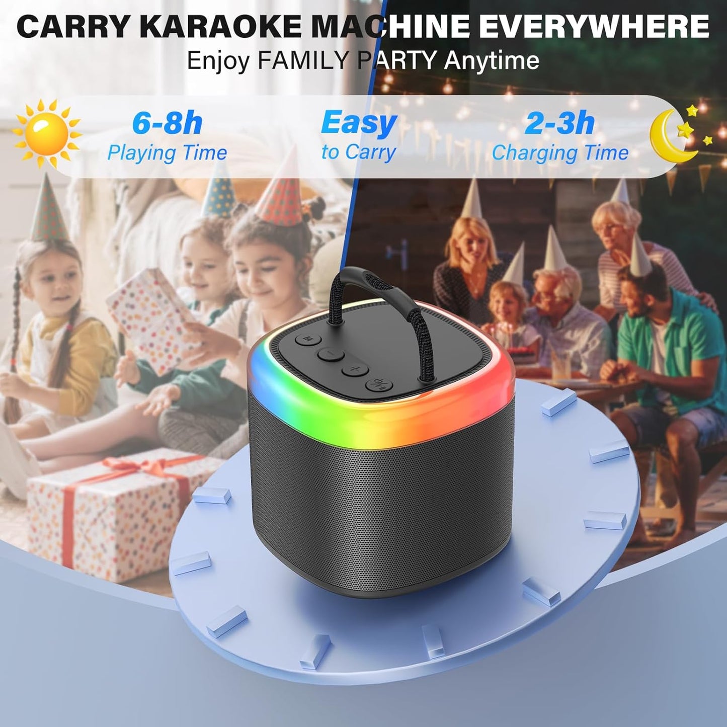 JYX Mini Karaoke Machine for Kids - Black Bluetooth Speaker Unpowered Cabinets with Party Lights and 1 Wireless Microphone, Great for Adults, Ideal for Family Home Parties and Birthday Gifts