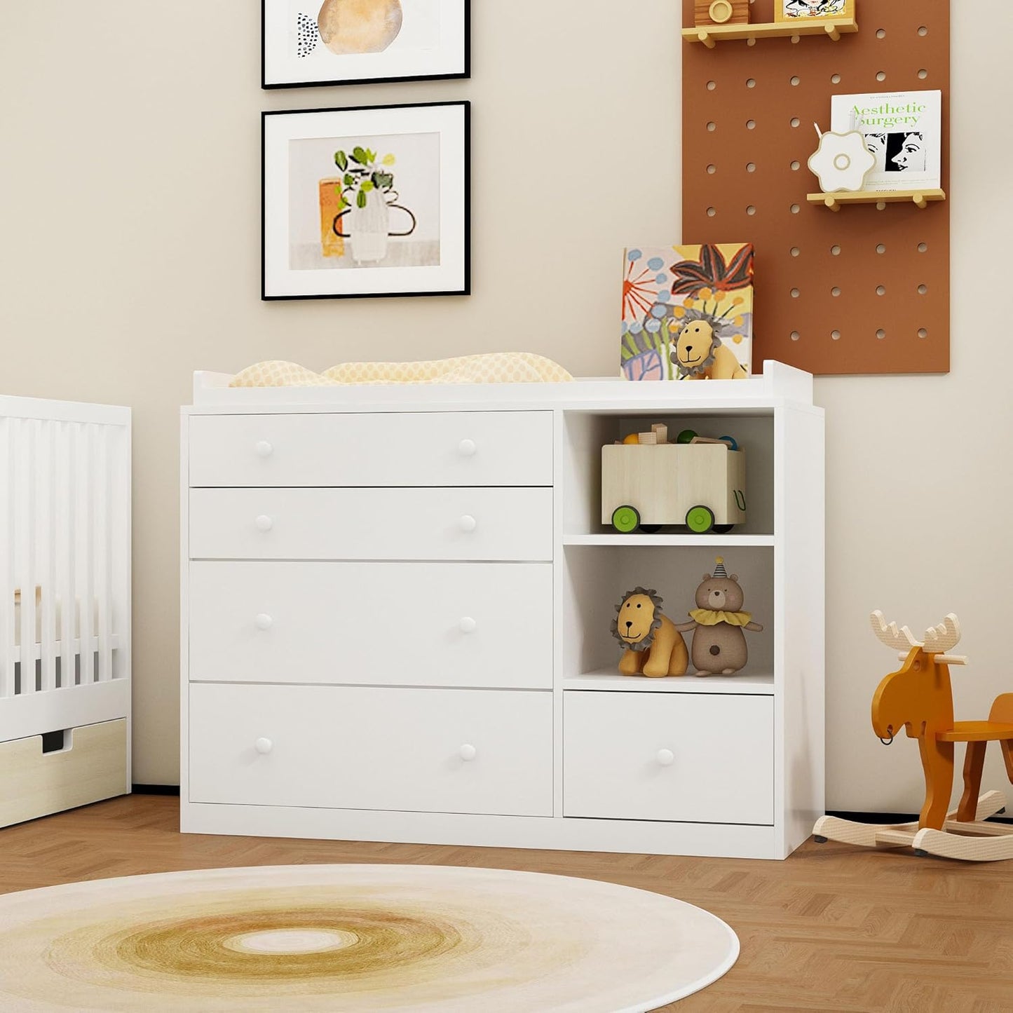 Changing Table Dresser, Baby Classic Nursery Dresser with 5 Drawers and 2 Shelves, Multi-Functional Baby Changing Table, Diaper Changing Station for Children's Room, White