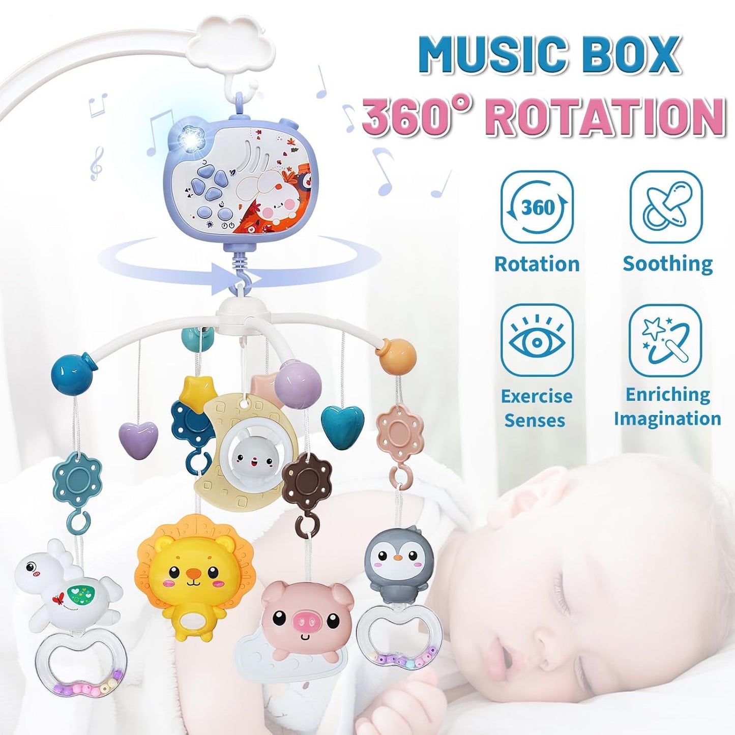 Baby Mobiles for Cribs, Crib Mobile with Music and Lights, Nursery Musical Mobile for Bassinets Hanging Toys with Remote Control, Rotation, Projection, Animal Mobile Arm Clip On for Infant Boys Girls