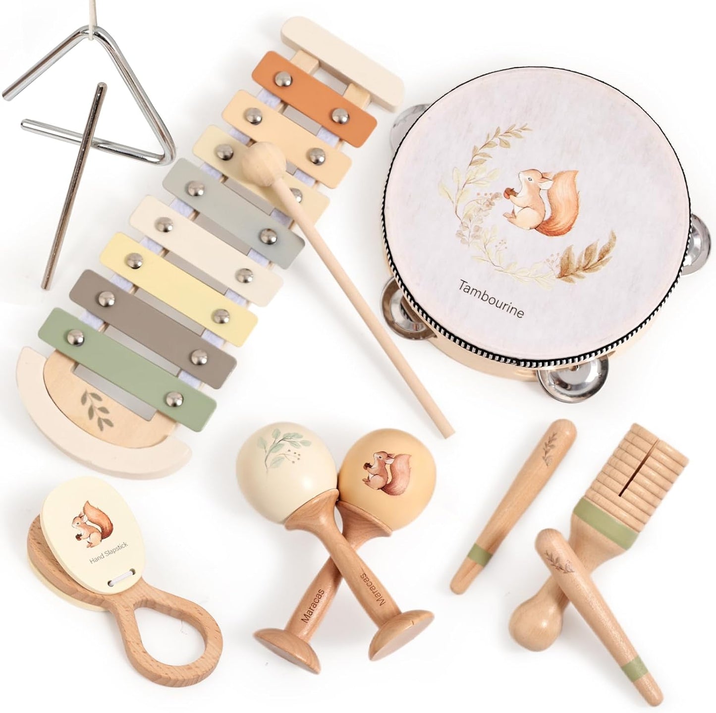 Baby Musical Instruments Set Wooden Montessori Musical Toys for Toddlers Neutral Colors Percussion Instruments Set with Modern Boho Xylophone Tambourine Educational Musical Toys for Preschool Kids