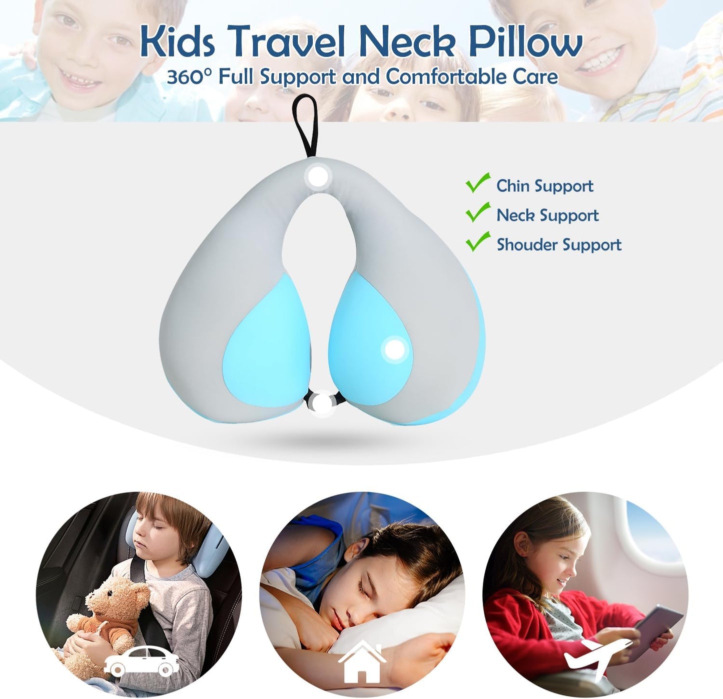 MOOB Kids Travel Pillow for Car Seat Kids U-Shape Travel Neck Pillow Support Children Stroller Pillow Blue