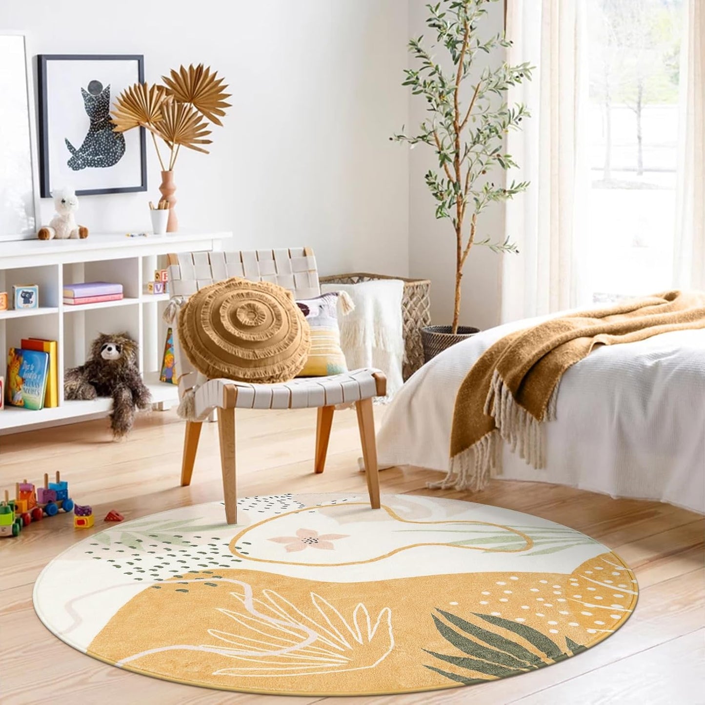 Lahome Boho Round Rugs - 6Ft Round Rug Washable Soft Circle Rugs for Living Room Non-Slip Ultra-Thin Large Round Dining Room Rug, Botanical Print Floor Throw Round Carpet for Bedroom Office Dorm Sofa