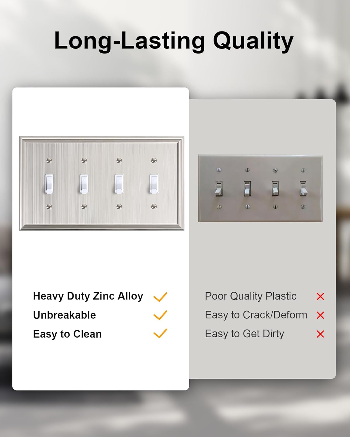 2-Pack Quad Toggle Light Switch Cover Plate, Durable Zinc Alloy Decorative Switch Plate Covers, Brushed Nickel 4 Gang Wall Plate for Toggle Light Switch and Rotary Dimmer Switch