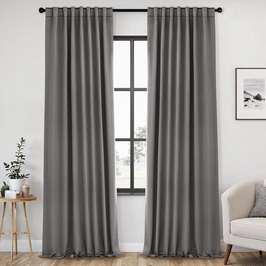 ANRODUO Back Tab Blackout Curtains for Bedroom Living Room, Rod Pocket Pinch Pleated Thermal Insulated Room Darkening Curtains 108 Inches Long 2 Panels, Grey, 52 x 108 Inch
