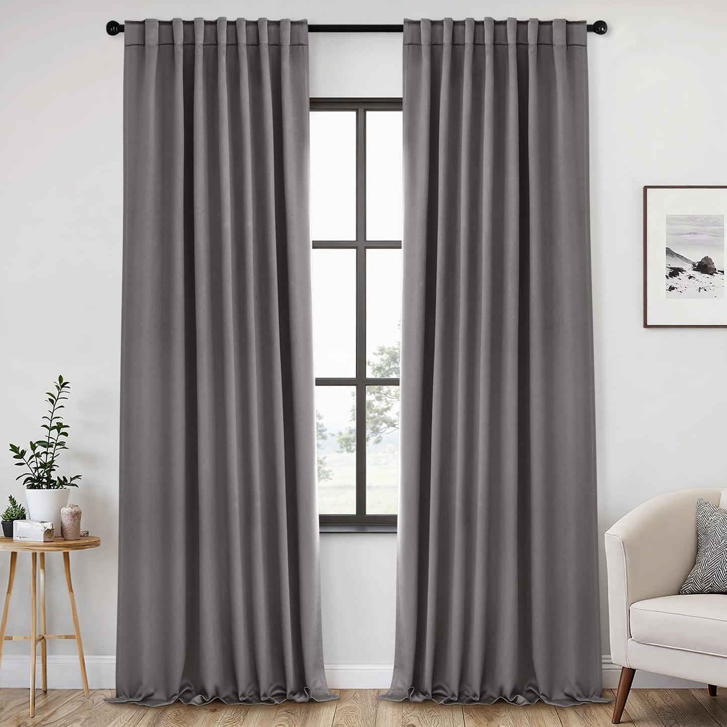 ANRODUO Back Tab Blackout Curtains for Bedroom Living Room, Rod Pocket Pinch Pleated Thermal Insulated Room Darkening Curtains 102 Inches Long 2 Panels, Grey, 52 x 102 Inch