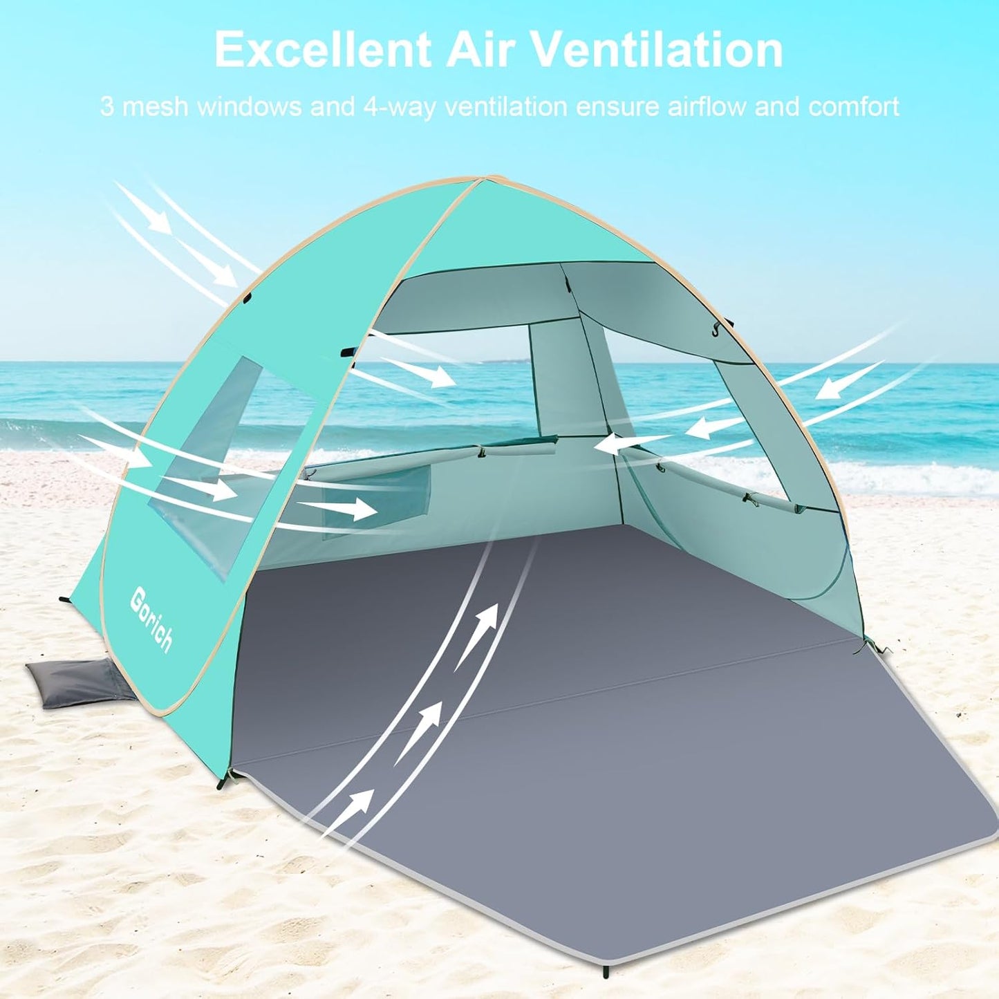 Gorich Easy Pop Up Beach Tent for 3-4 Person, UPF 50+ UV Protection Beach Umbrella Sun Shelter, Portable Lightweight Shade with Easy Foldable & Instant Setup