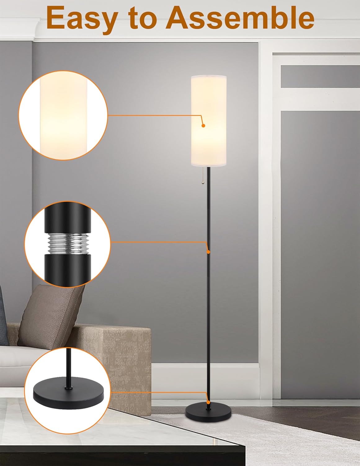 Floor Lamp for Living Room, Modern Standing Lamps with Lampshade, Minimalist Tall Lamp with Chain Switch for Living Room, Bedroom, Kids Room, Office,Standing Lamp LED Bulb Included (White Shade)