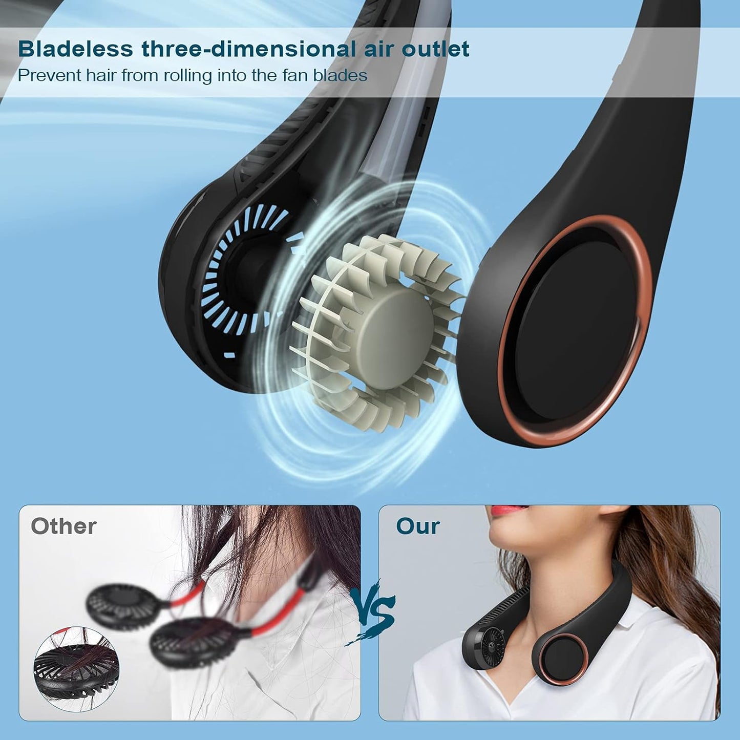 CIVPOWER Neck Fan: Portable Personal Neck Cooling Rechargeable Bladeless Fan - Hands Free 3 Speed 4000 mAh Battery USB Operated Wearable Headphone Design - for Men Women Outdoor Indoor (Black)