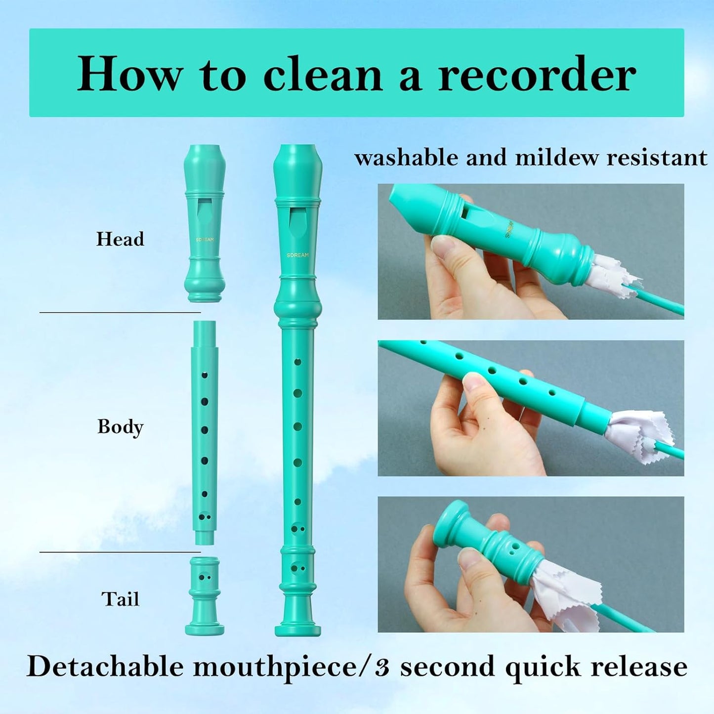 SDREAM Soprano Recorder Instrument for Kids Beginners&Student,8 Hole German Fingering Recorder Flute with Cleaning Rod & Leather Bag (Green)