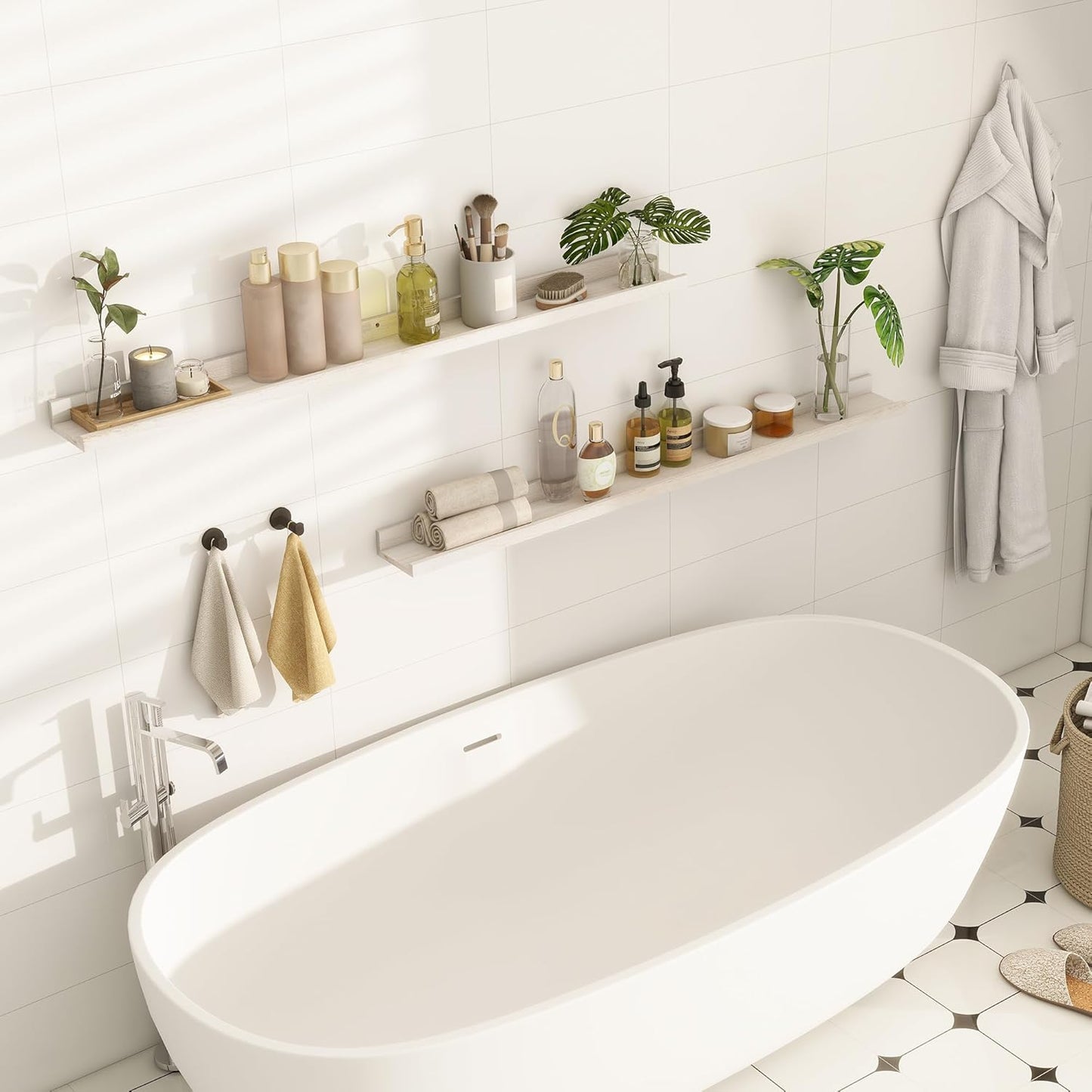 Picture Ledge Shelf, 48 Inch Long Floating Shelves for Wall, Nursery Bookshelf for Storage with Lip, Rustic Elm Wood Photo Ledge Shelves for Bedroom, Living Room, Kitchen (White, 48in Set of 2)