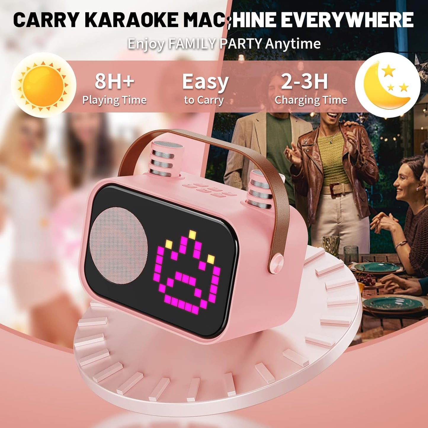 Karaoke Machine for Kids Adults, Portable Bluetooth Karaoke Speaker with 2 Wireless Microphones, Pixel Display Light, Birthday Gifts Toys for Girls & Boys Ages 3, 4, 5, 6, 7, 8, 9,10,11,12+ Years