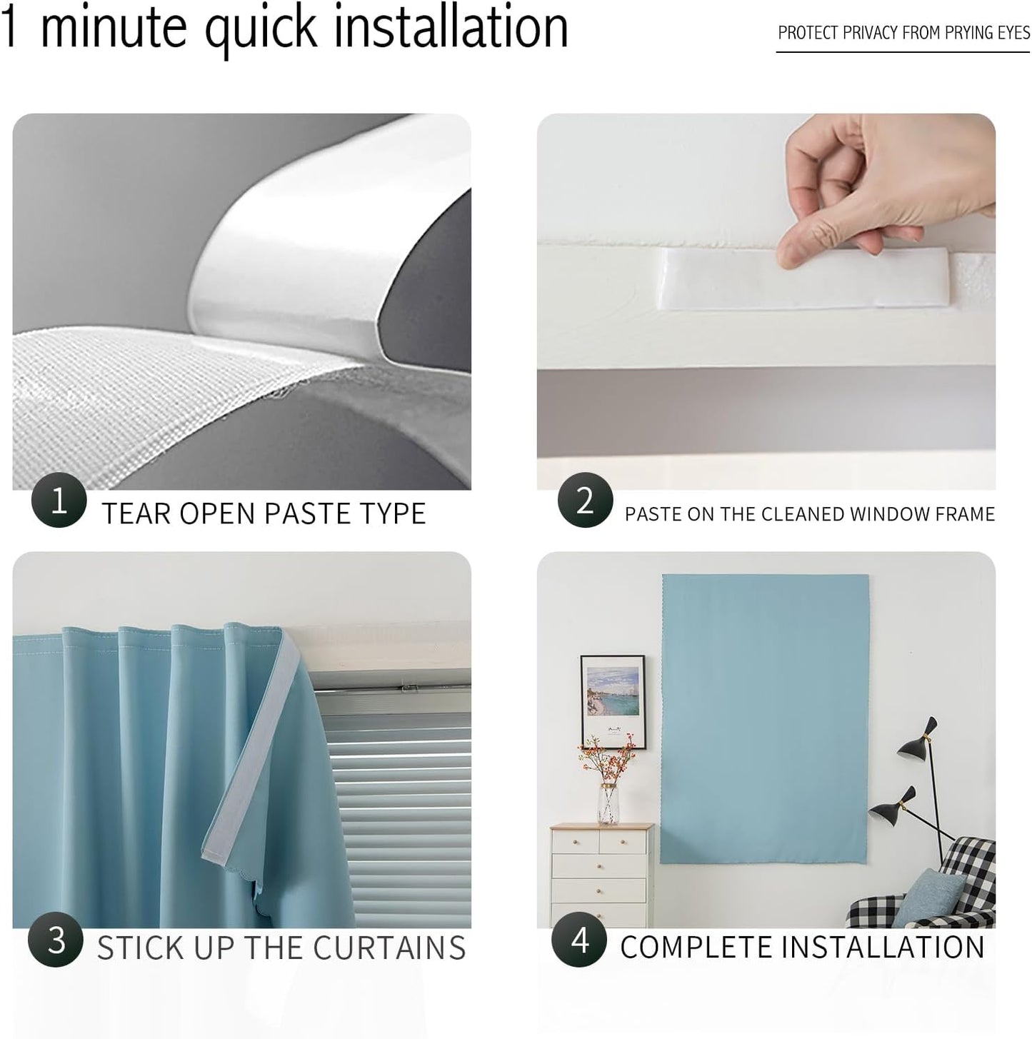 Self Adhesive Curtains, Black Out Shade for Window, Blackout Fabric Temporary Window Coverings Easy to Hang Curtains No Rod Needed, Use for Bedroom, Room, Kitchen, 35" W X 59" L, Lake Blue, 1 Panel