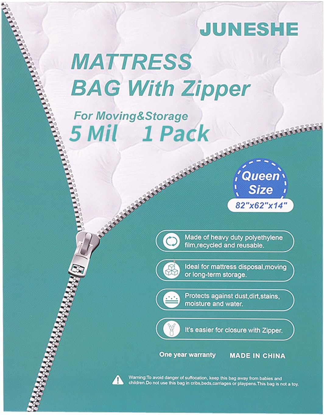 Queen Mattress Bag for Moving and Storage Cover -5 Mil Zipper Plastic Waterproof Mattress Storage Bag,82x62x14 inches,1 Pack