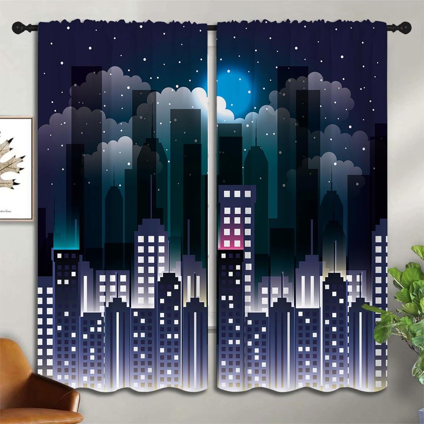 Superhero Rod Pocket Blackout Curtains for Boy Girl Bedroom, Violet Night Sky Buildings Cityscape Thermal Insulated Home Window Drapes for Living Room Darkening, 72x63 inch