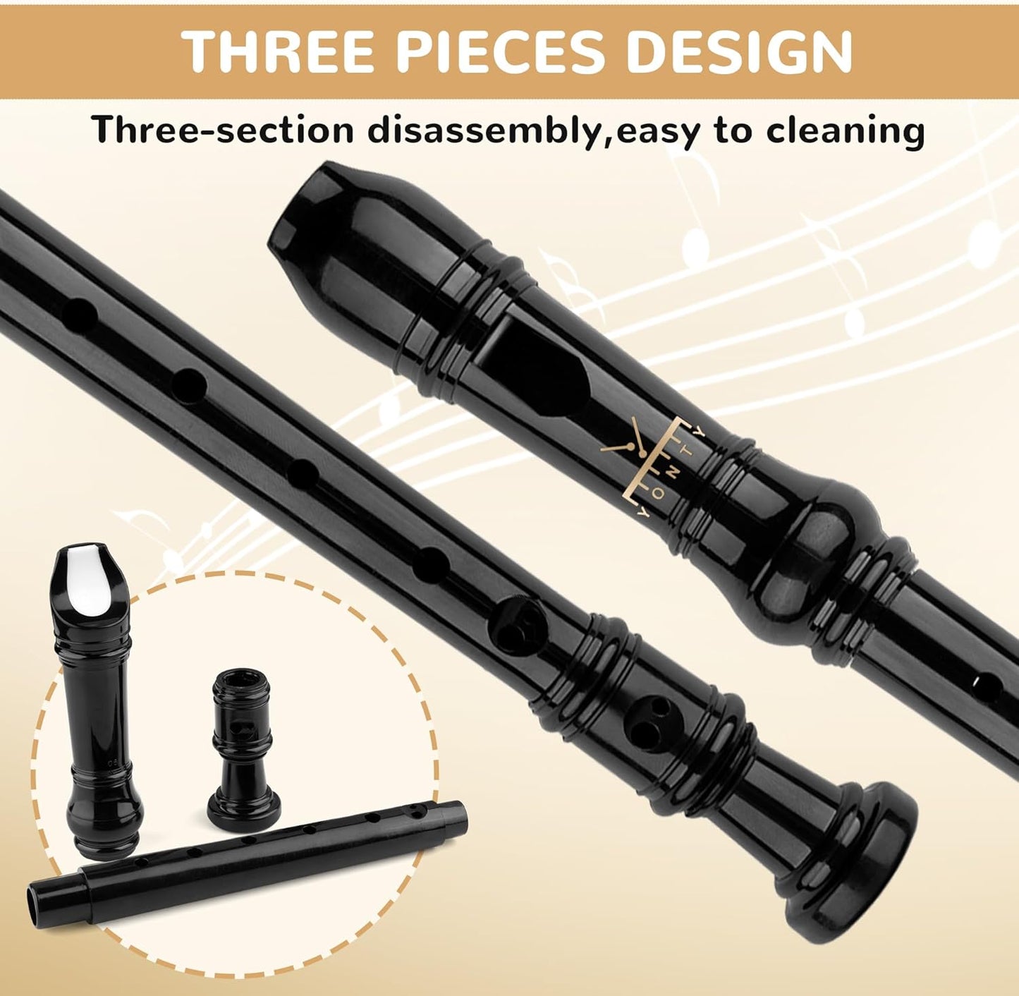 Soprano Recorder 8-Hole Instrument for Beginners Kids Students, Baroque Style C Key Flute with Cleaning Rod & acking Bag for Education & Entertainment-Obsidian