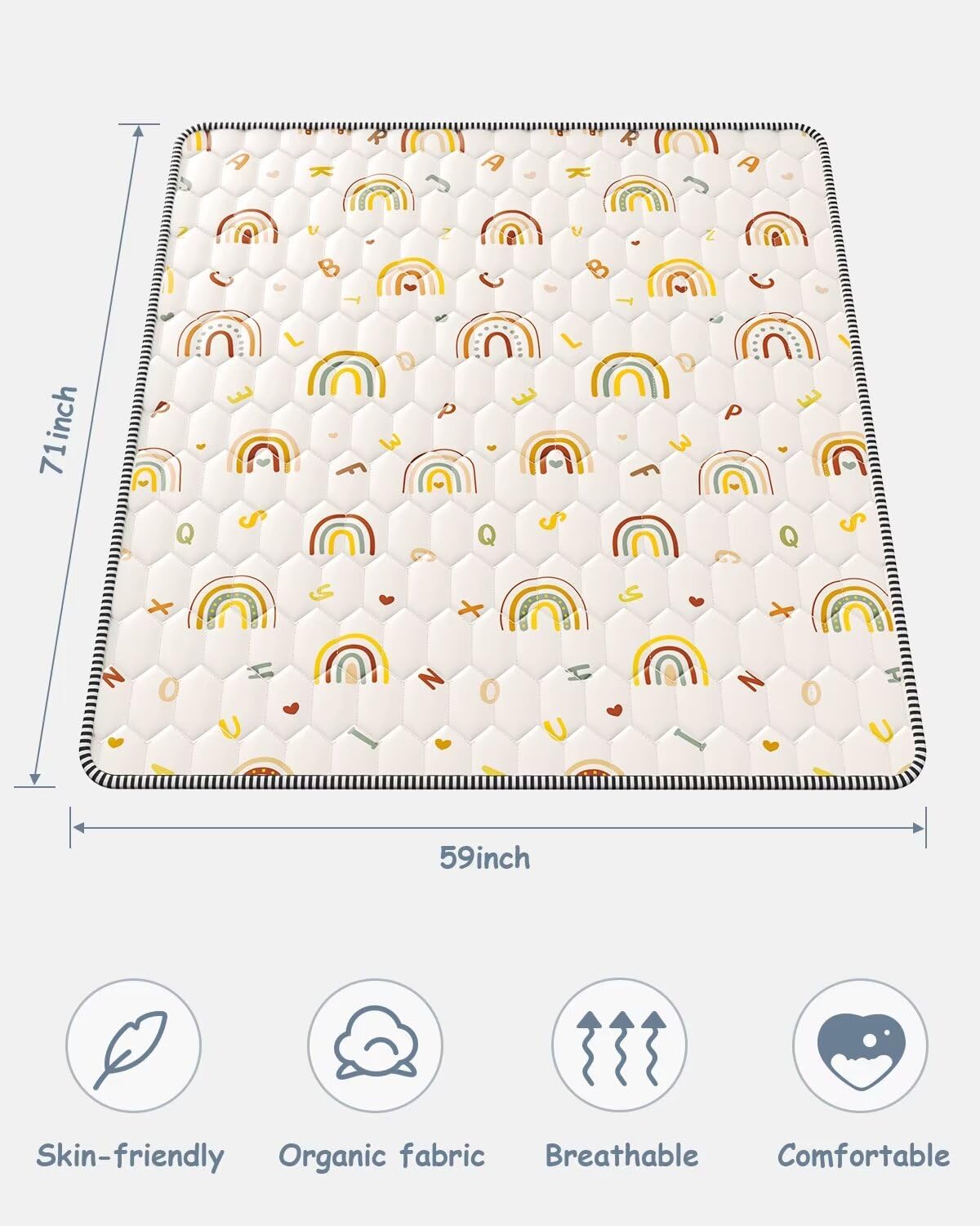 Boho Rainbow Baby Play Mat 71" X 59" Playpen Mat Thicken One-Piece Crawling Mat Non-Slip Cushioned Baby Floor Mat Letter Playmats for Babies Toddlers Infants Tummy Time Activity (71X59,Beige)