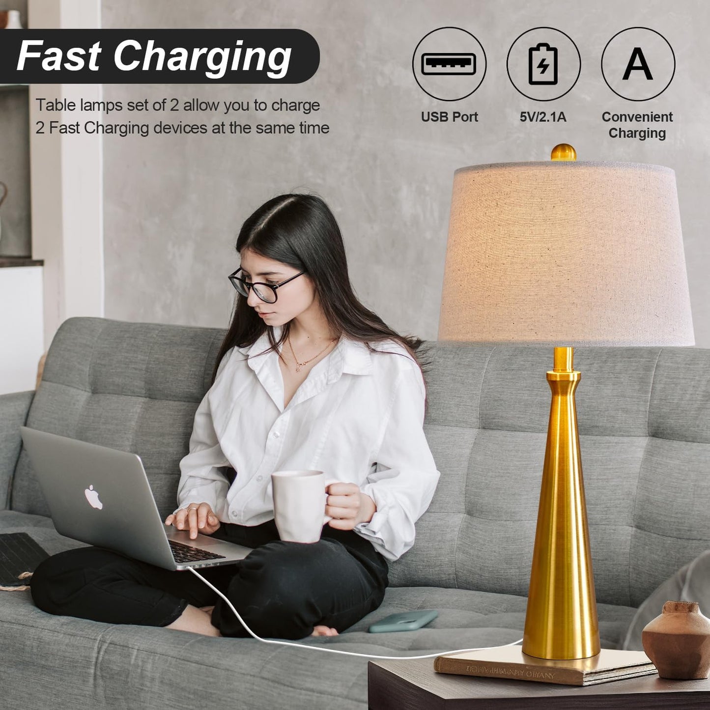 Oneach 25.75" 3-Way Dimmable Touch Control Modern USB Table Lamp Set of 2 for Living Room Bed Room Bedside Nightstand Lamps Fabric Shade Vintage Accent Light Gold Antique Brass